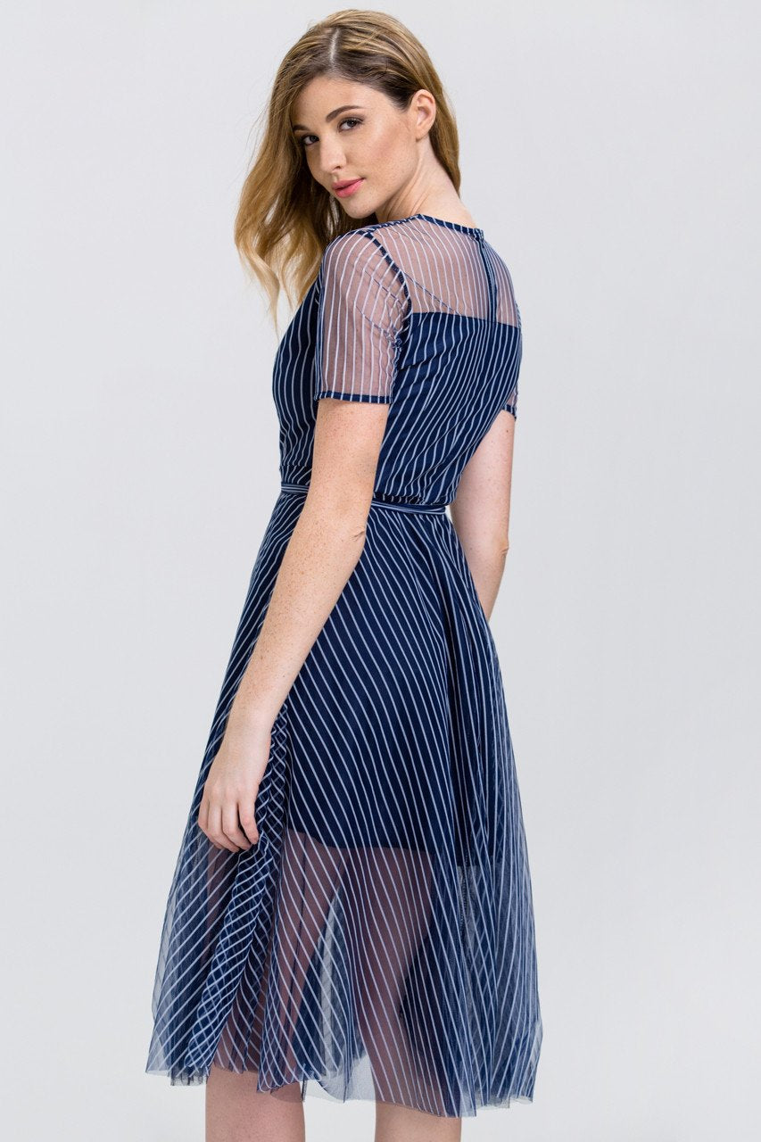 Navy Blue Stripe (Soft Tulle )Sheer Sleeve Midi Dress - ownthelooks-Development