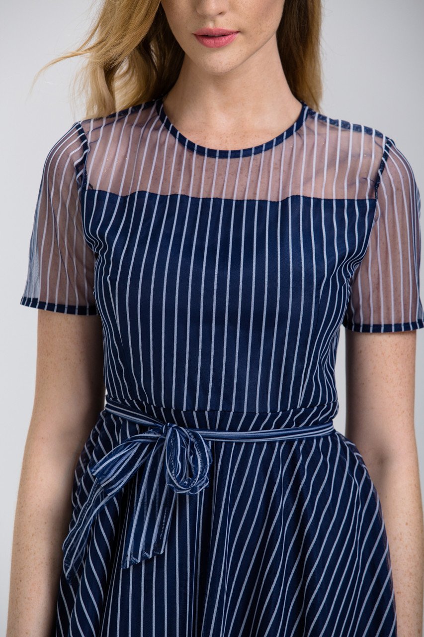Navy Blue Stripe (Soft Tulle )Sheer Sleeve Midi Dress - ownthelooks-Development