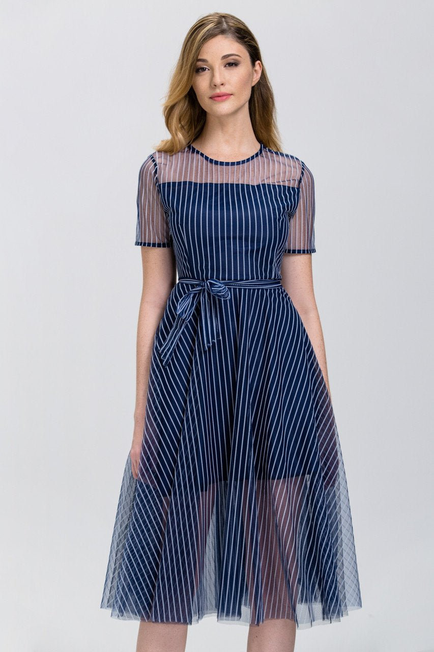 Navy Blue Stripe (Soft Tulle )Sheer Sleeve Midi Dress - ownthelooks-Development