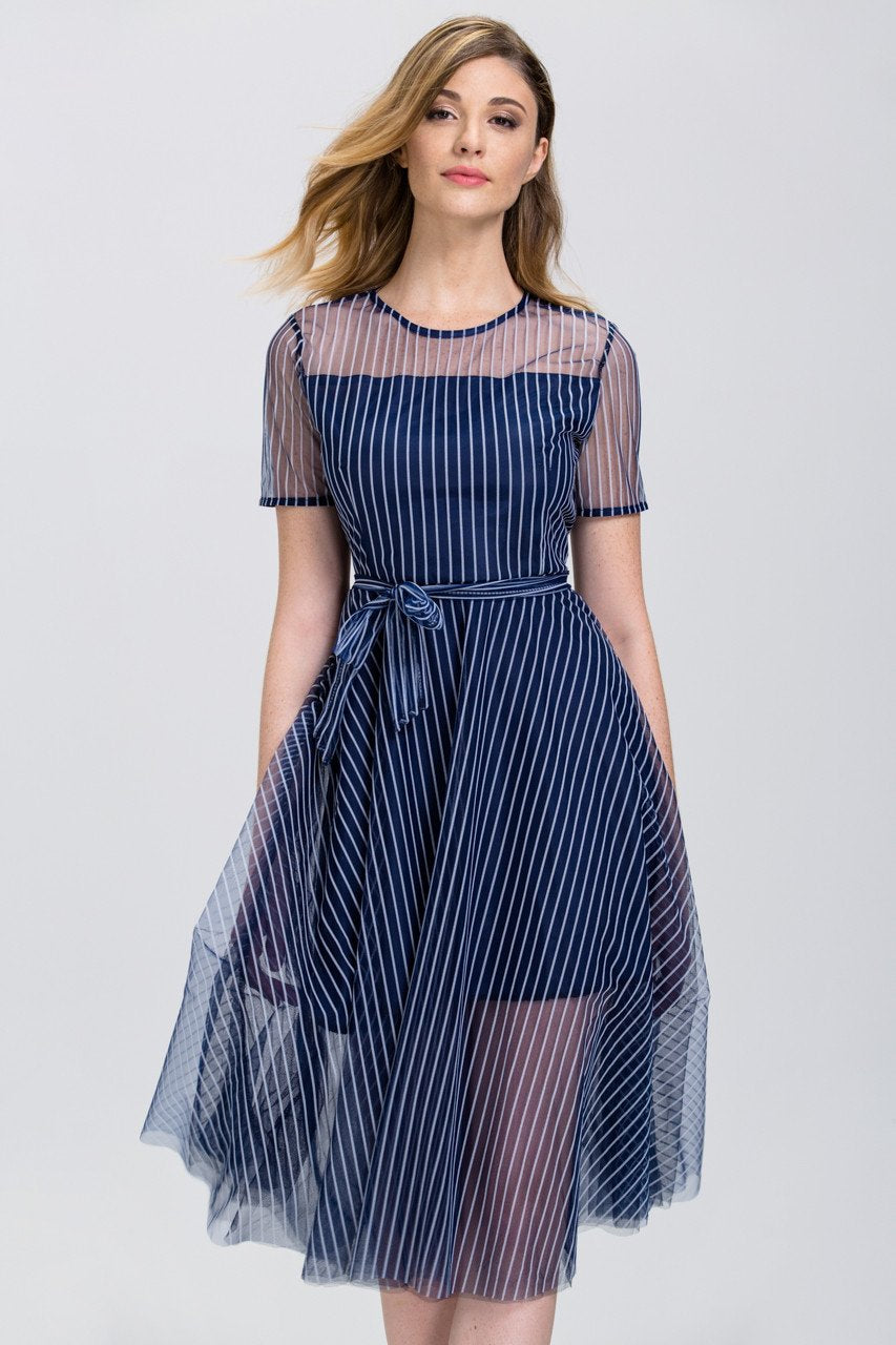 Navy Blue Stripe (Soft Tulle )Sheer Sleeve Midi Dress - ownthelooks-Development