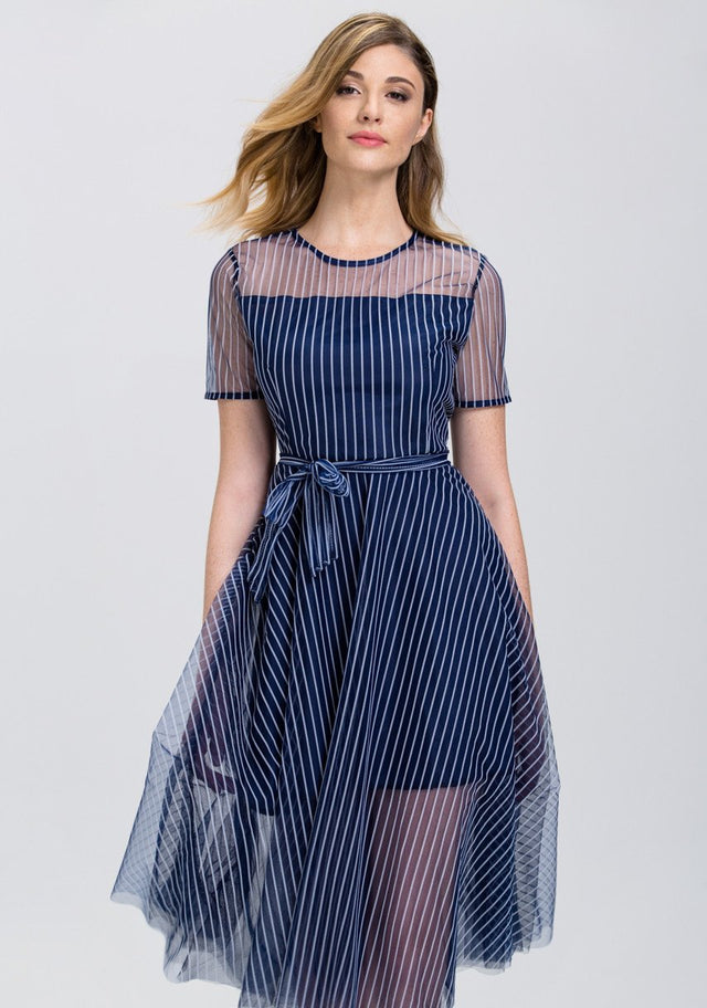 Navy Blue Stripe (Soft Tulle )Sheer Sleeve Midi Dress - ownthelooks-Development