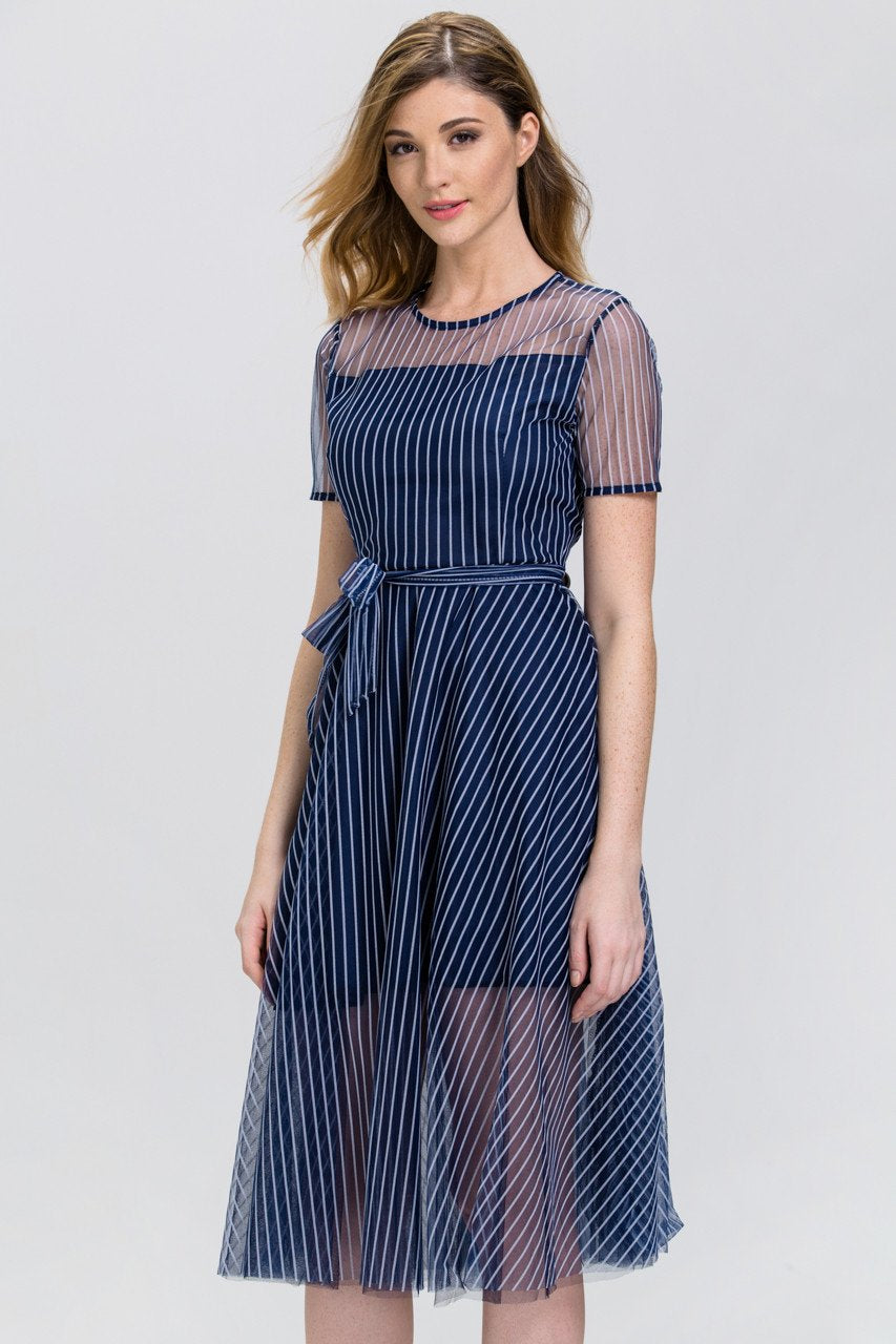 Navy Blue Stripe (Soft Tulle )Sheer Sleeve Midi Dress - ownthelooks-Development