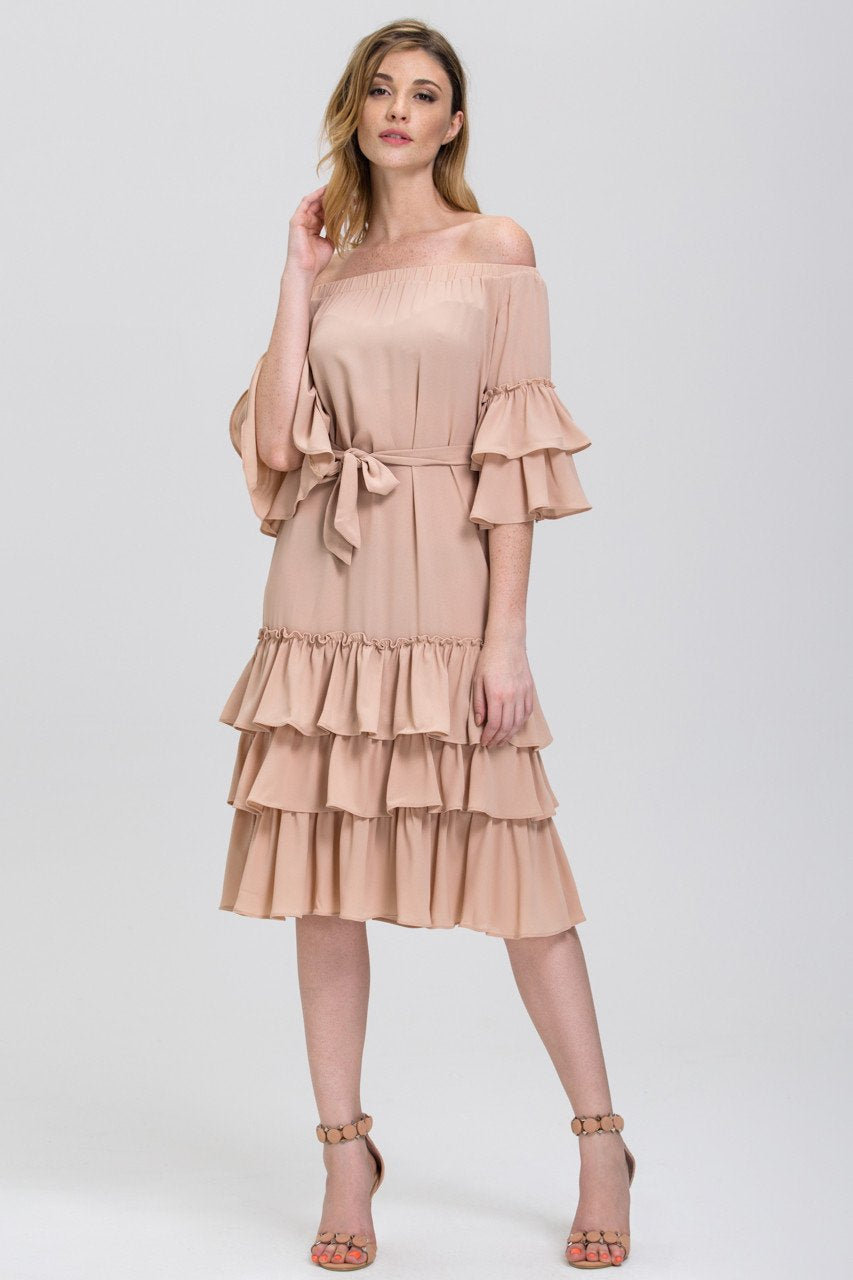 Nude Chiffon Tiered Ruffle Hem off the Shoulder Midi Dress - ownthelooks-Development