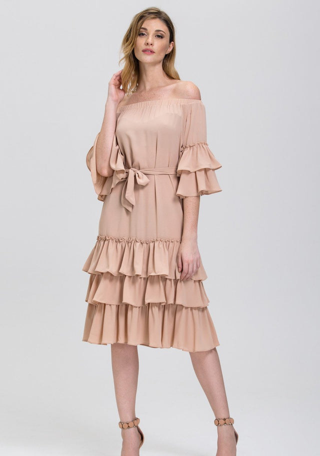 Nude Chiffon Tiered Ruffle Hem off the Shoulder Midi Dress - ownthelooks-Development