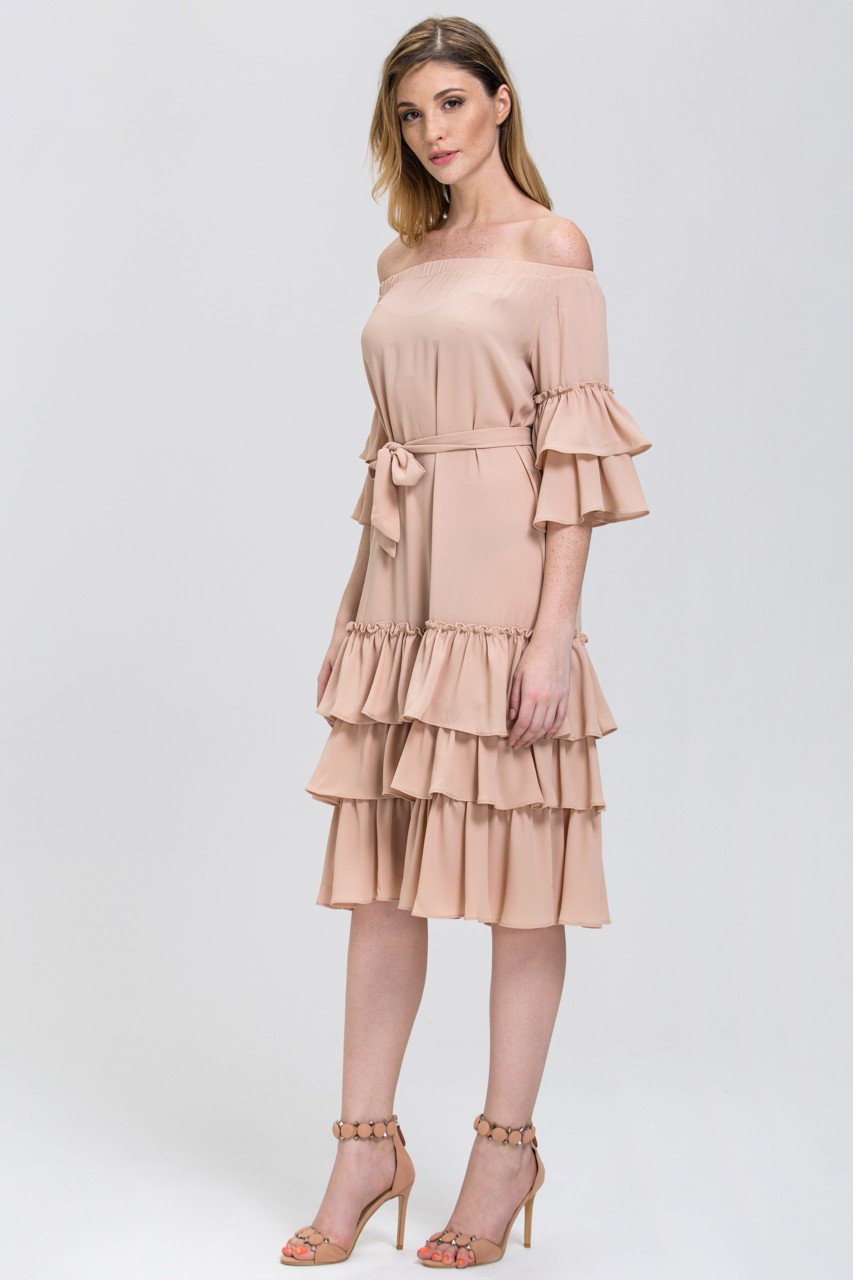 Nude Chiffon Tiered Ruffle Hem off the Shoulder Midi Dress - ownthelooks-Development