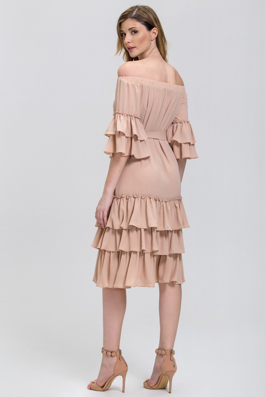 Nude Chiffon Tiered Ruffle Hem off the Shoulder Midi Dress - ownthelooks-Development
