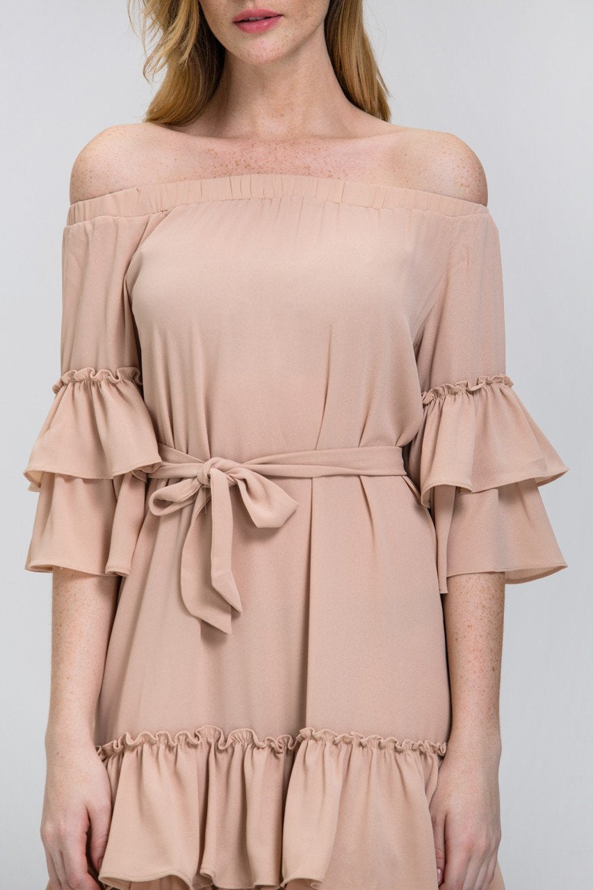 Nude Chiffon Tiered Ruffle Hem off the Shoulder Midi Dress - ownthelooks-Development