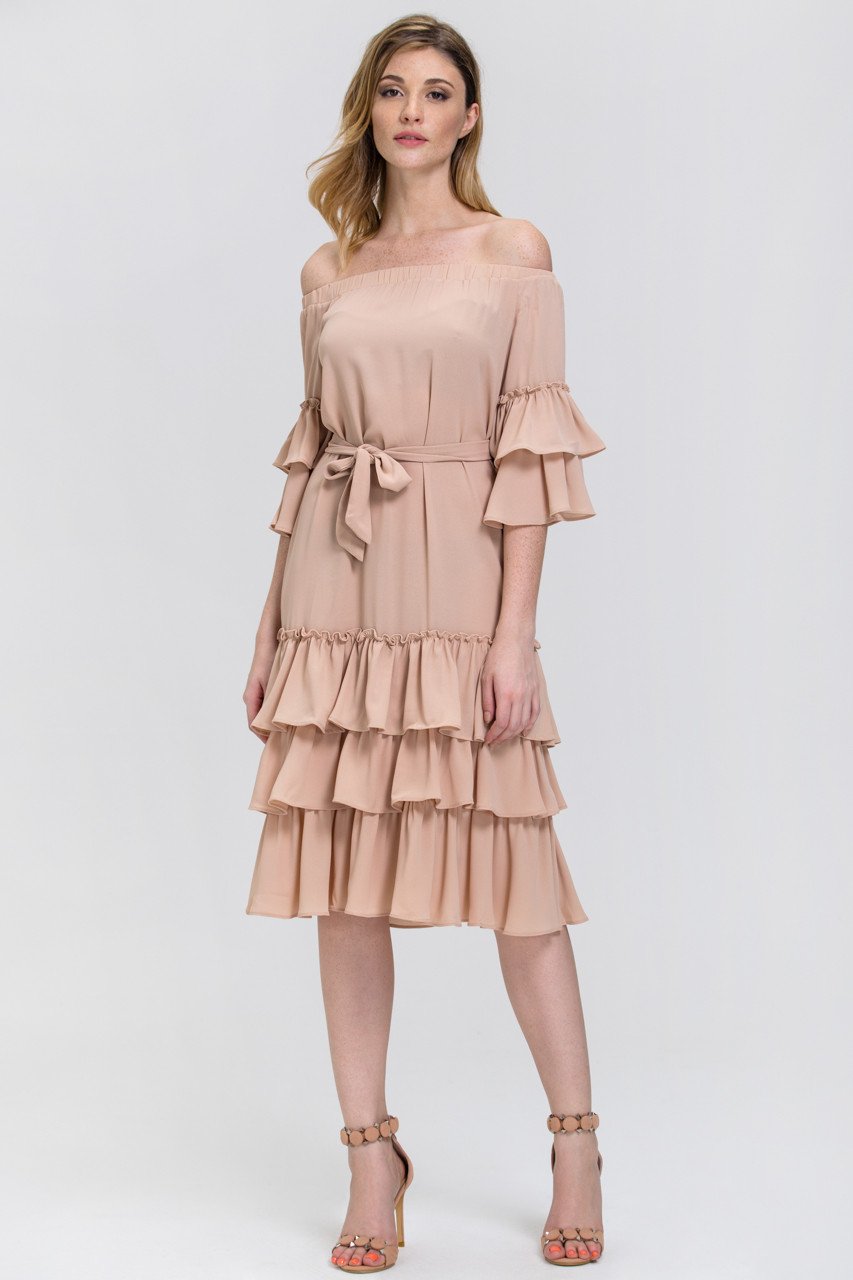 Nude Chiffon Tiered Ruffle Hem off the Shoulder Midi Dress - ownthelooks-Development