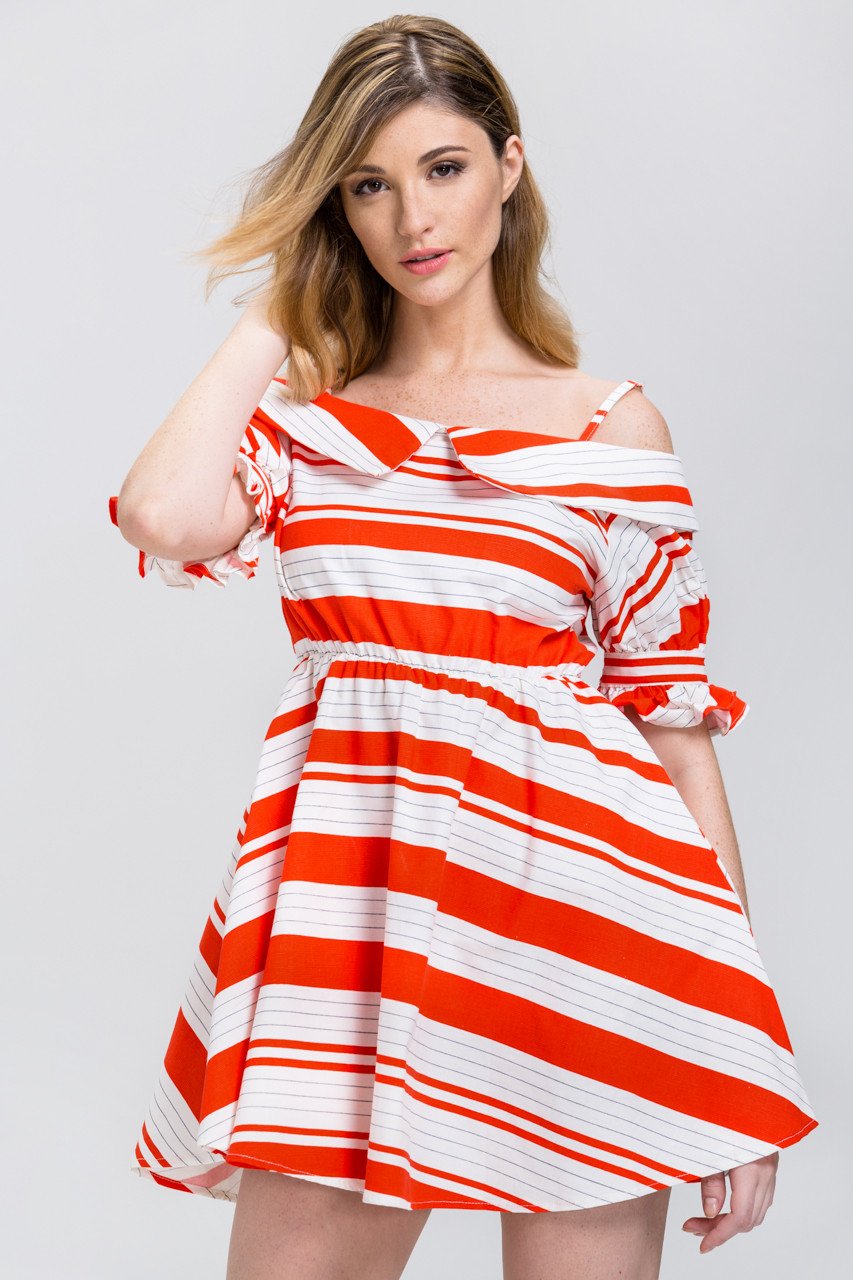 Orange Stripe Boat Collar Mini Dress - ownthelooks-Development
