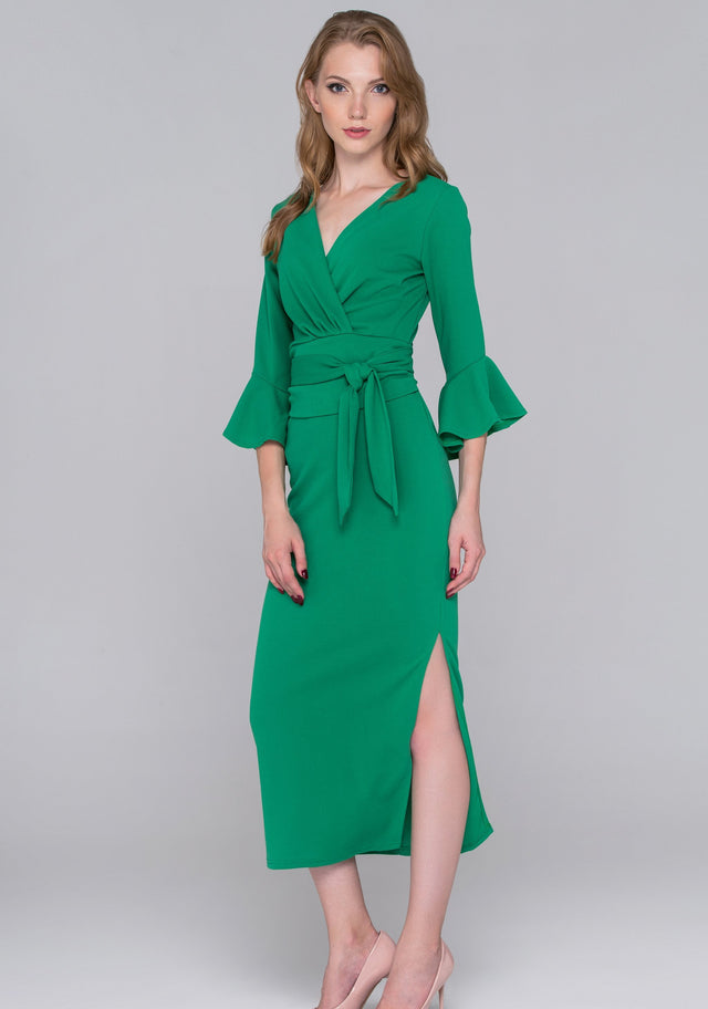 Archer Green Trumpet Sleeves Midi Dress - ownthelooks-Development