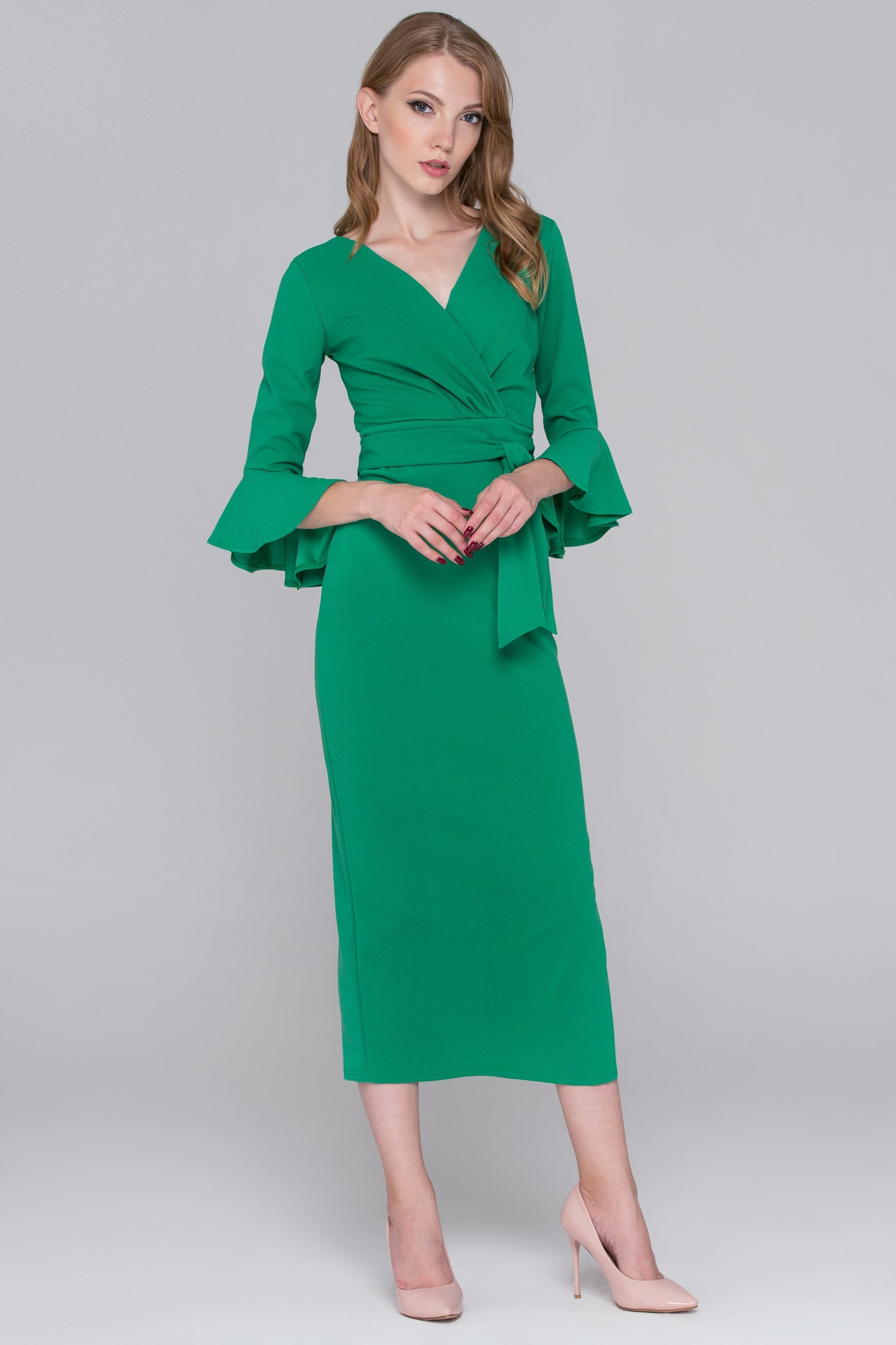 Archer Green Trumpet Sleeves Midi Dress - ownthelooks-Development