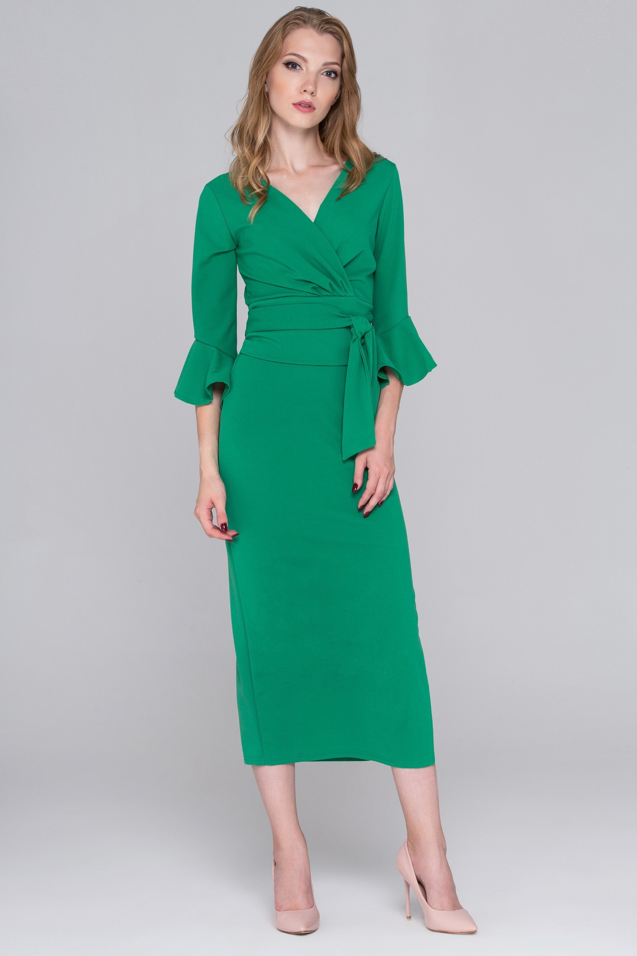 Archer Green Trumpet Sleeves Midi Dress - ownthelooks-Development