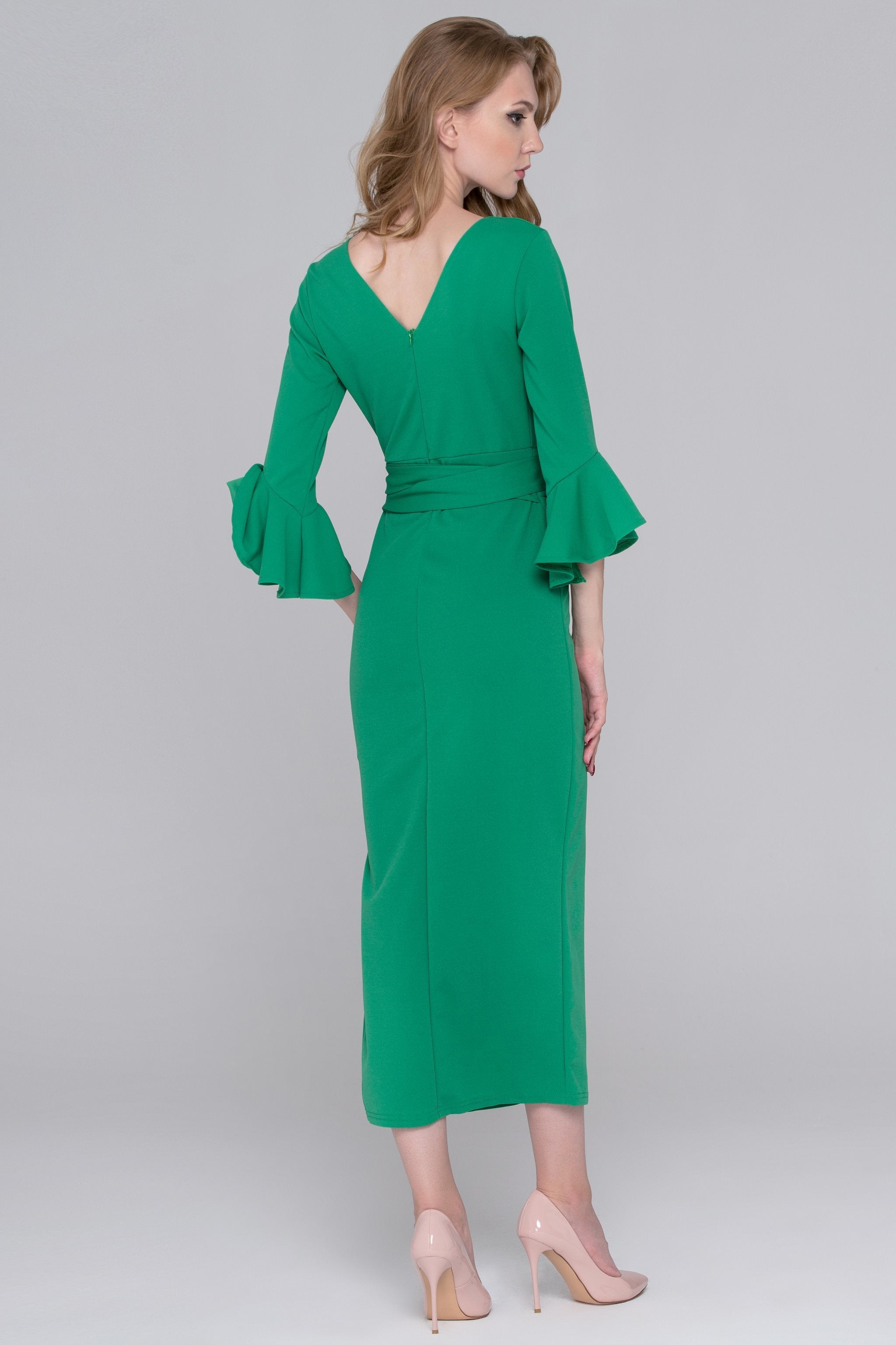 Archer Green Trumpet Sleeves Midi Dress - ownthelooks-Development