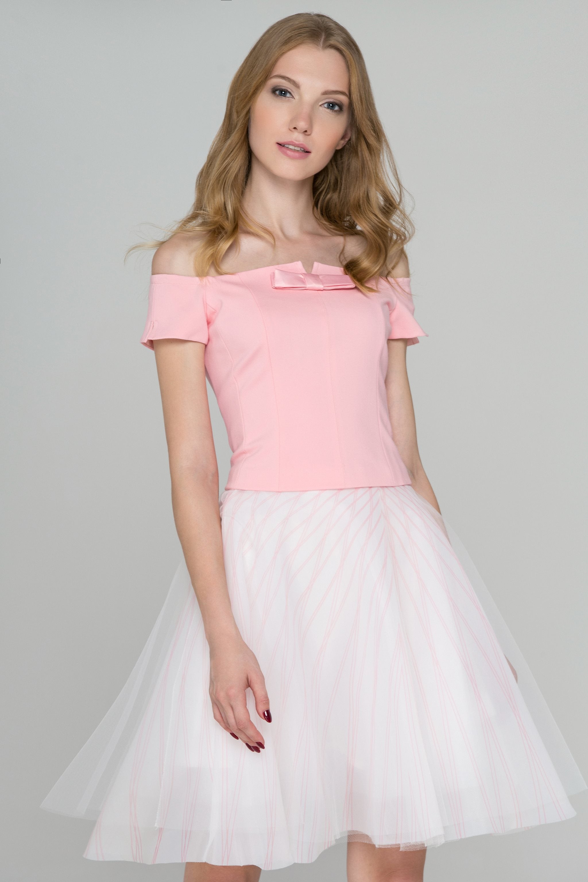 Baby Pink Off-the-Shoulder Two Piece Dress - ownthelooks-Development