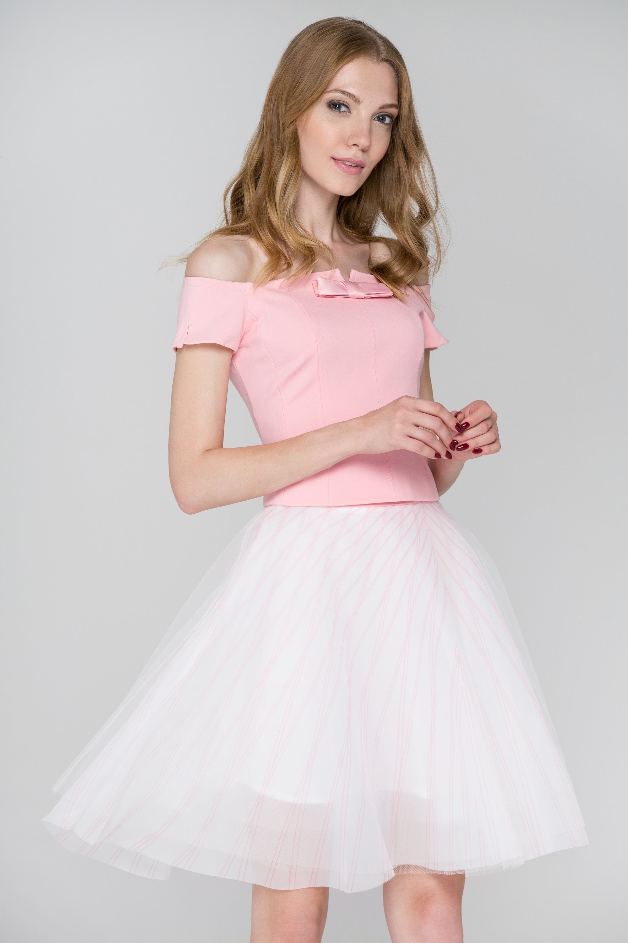 Baby Pink Off-the-Shoulder Two Piece Dress - ownthelooks-Development