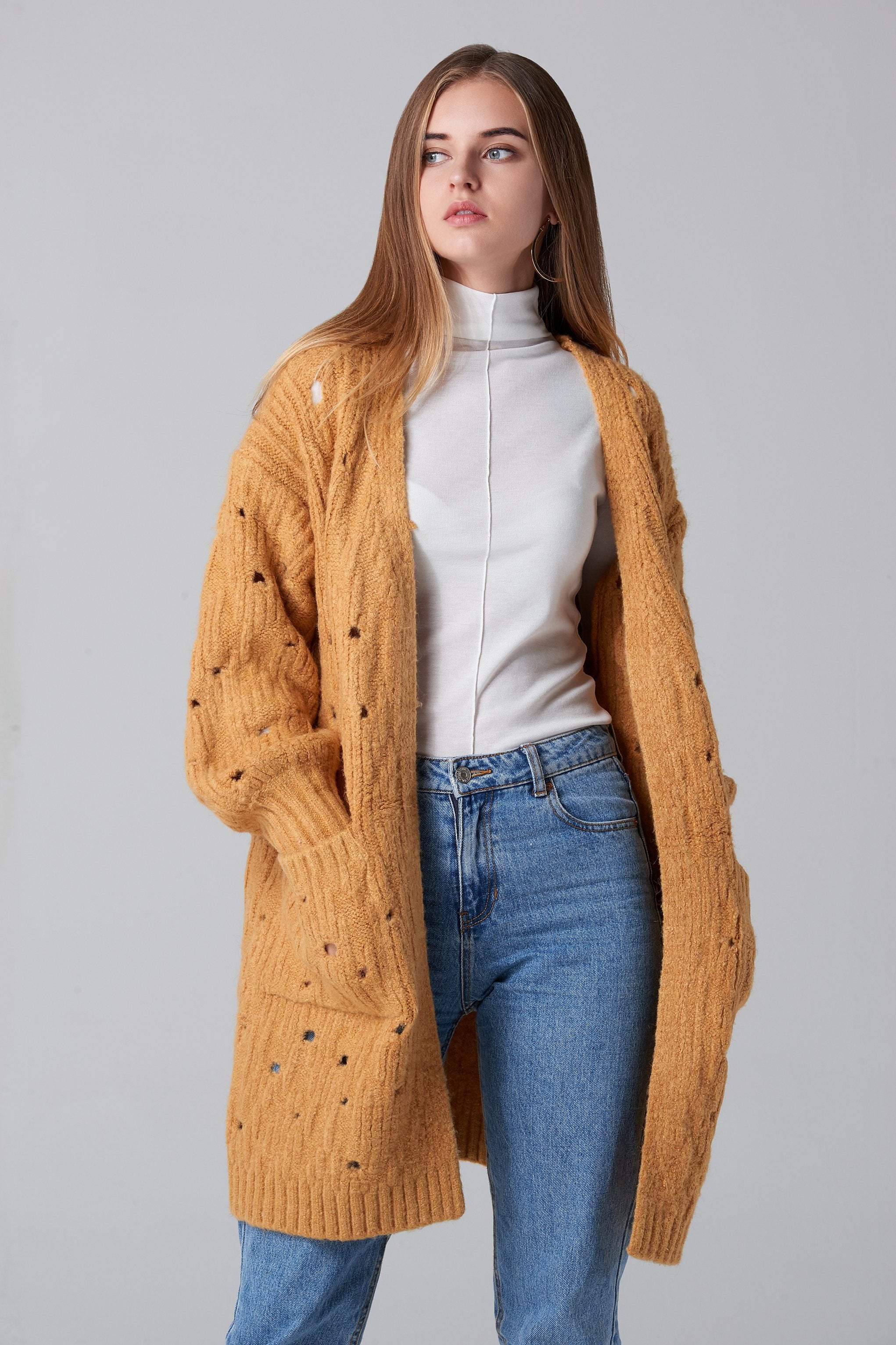 Beige Distressed Oversized Cardigan - ownthelooks-Development