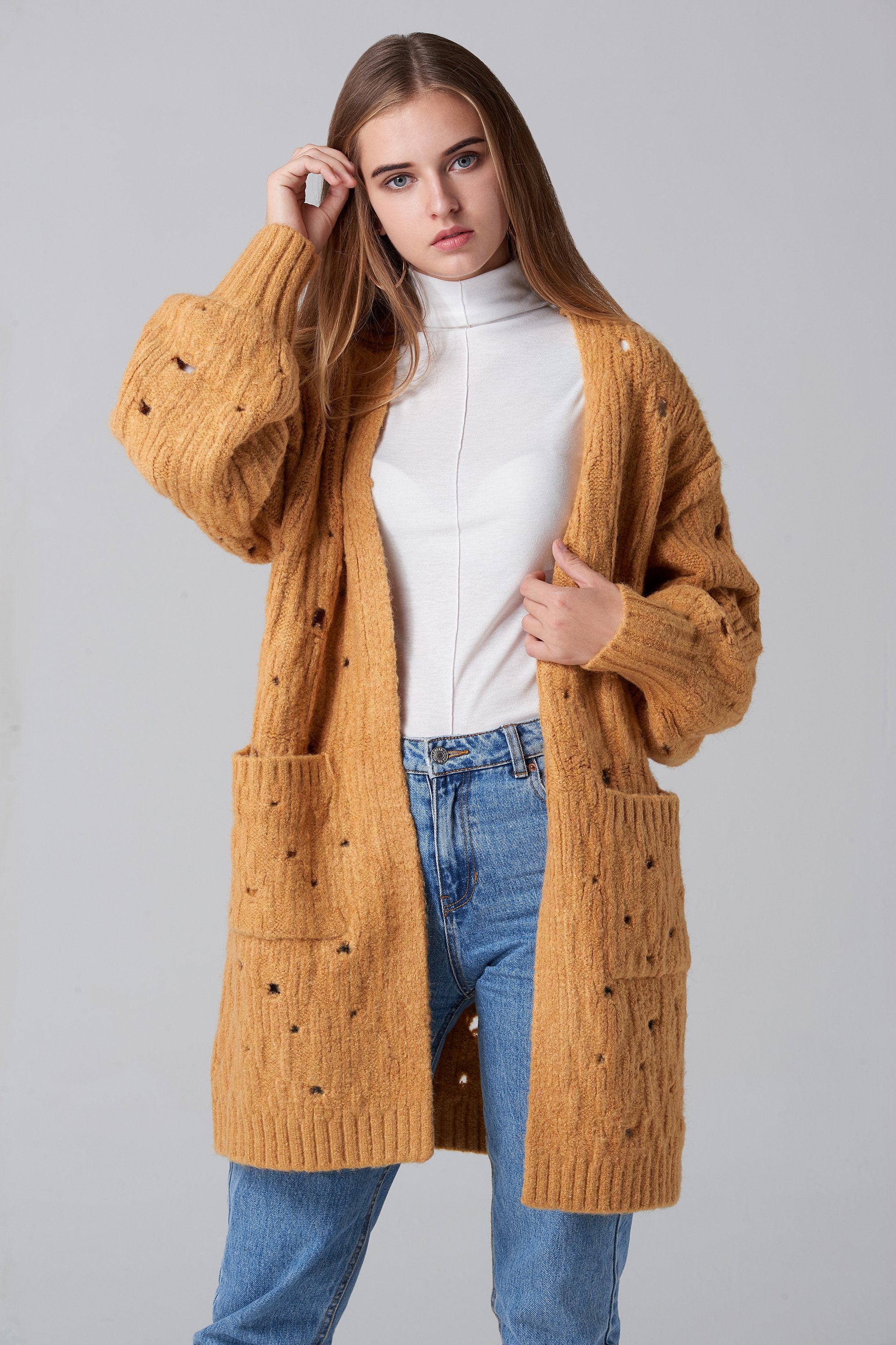 Beige Distressed Oversized Cardigan - ownthelooks-Development