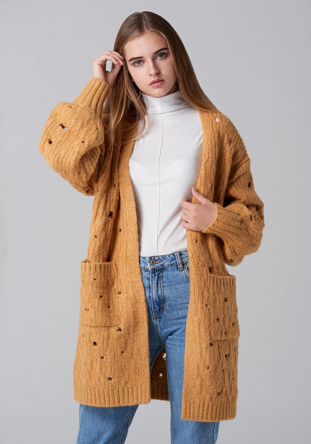 Beige Distressed Oversized Cardigan - ownthelooks-Development