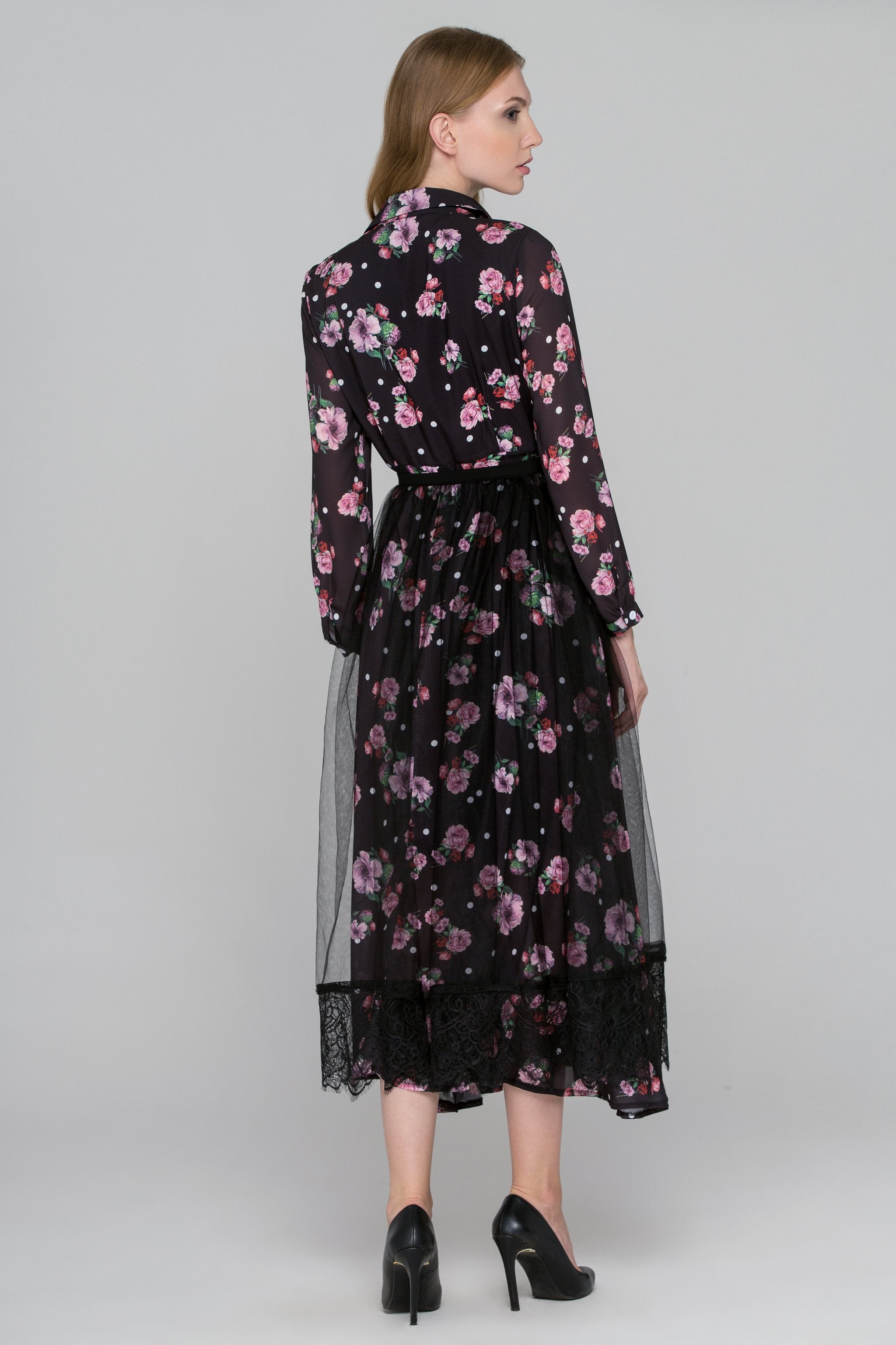 Black Floral Dots Tulle Layer Maxi Shirt Dress - ownthelooks-Development