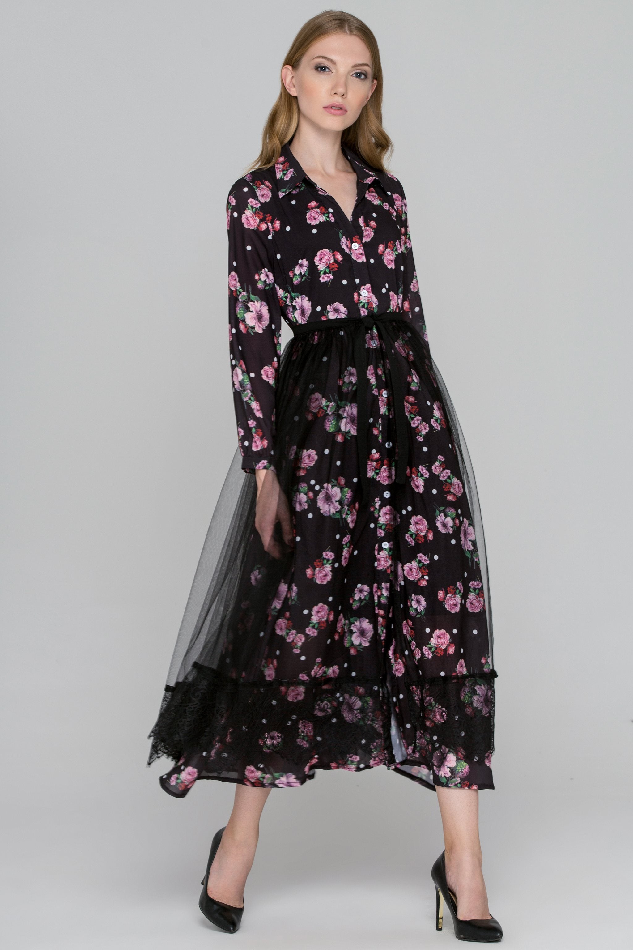 Black Floral Dots Tulle Layer Maxi Shirt Dress - ownthelooks-Development