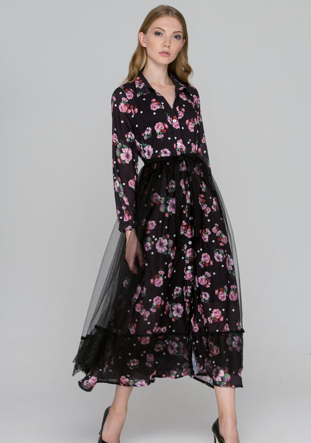 Black Floral Dots Tulle Layer Maxi Shirt Dress - ownthelooks-Development