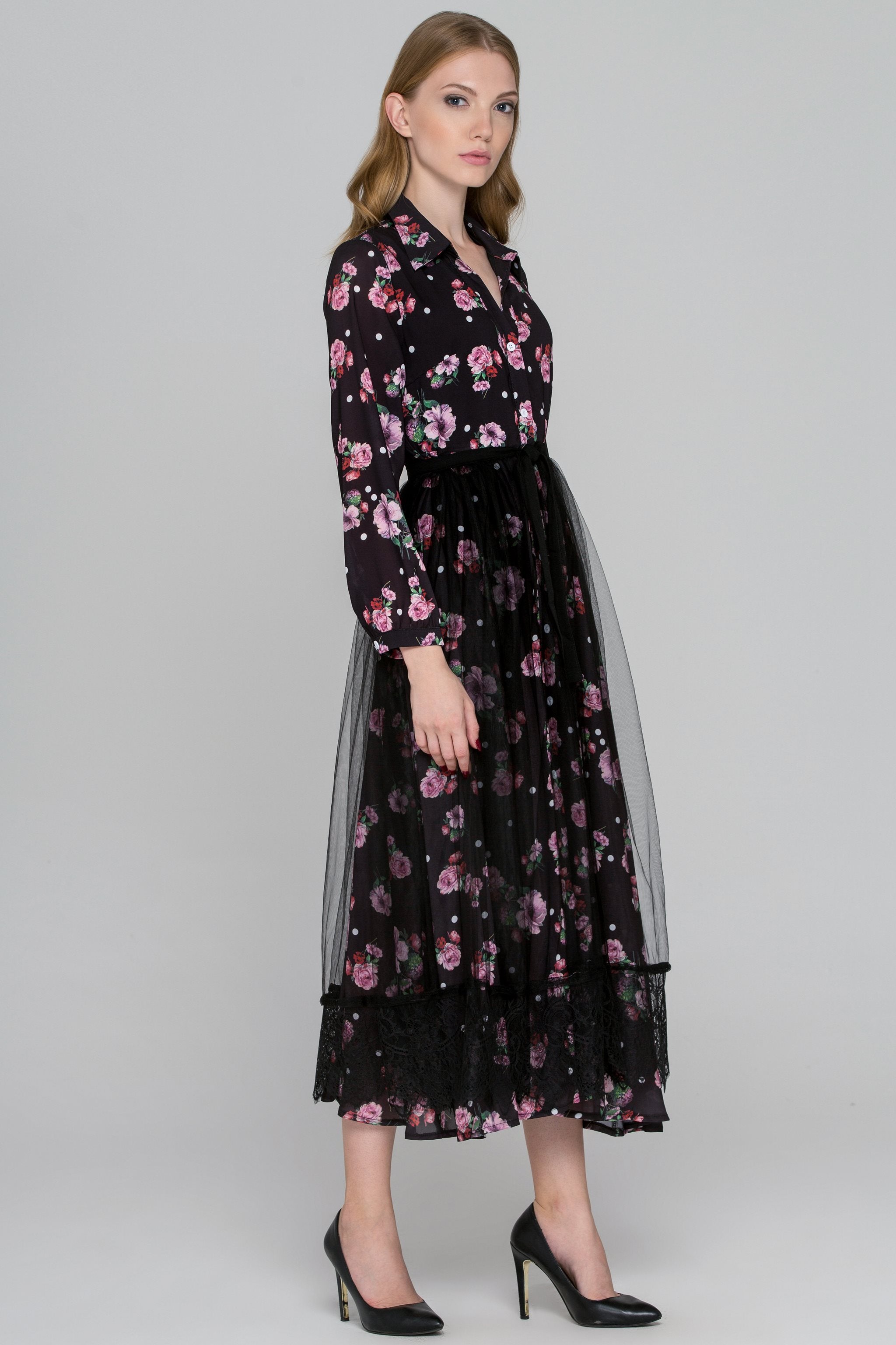 Black Floral Dots Tulle Layer Maxi Shirt Dress - ownthelooks-Development
