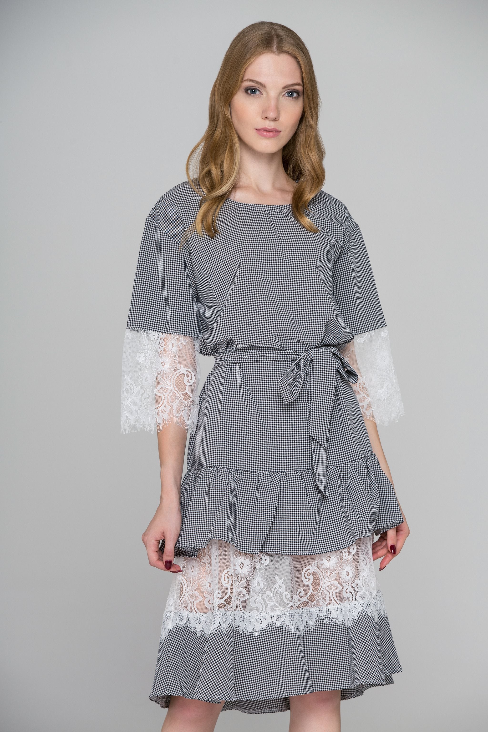 Black Gingham Lace Panel Midi Dress - ownthelooks-Development