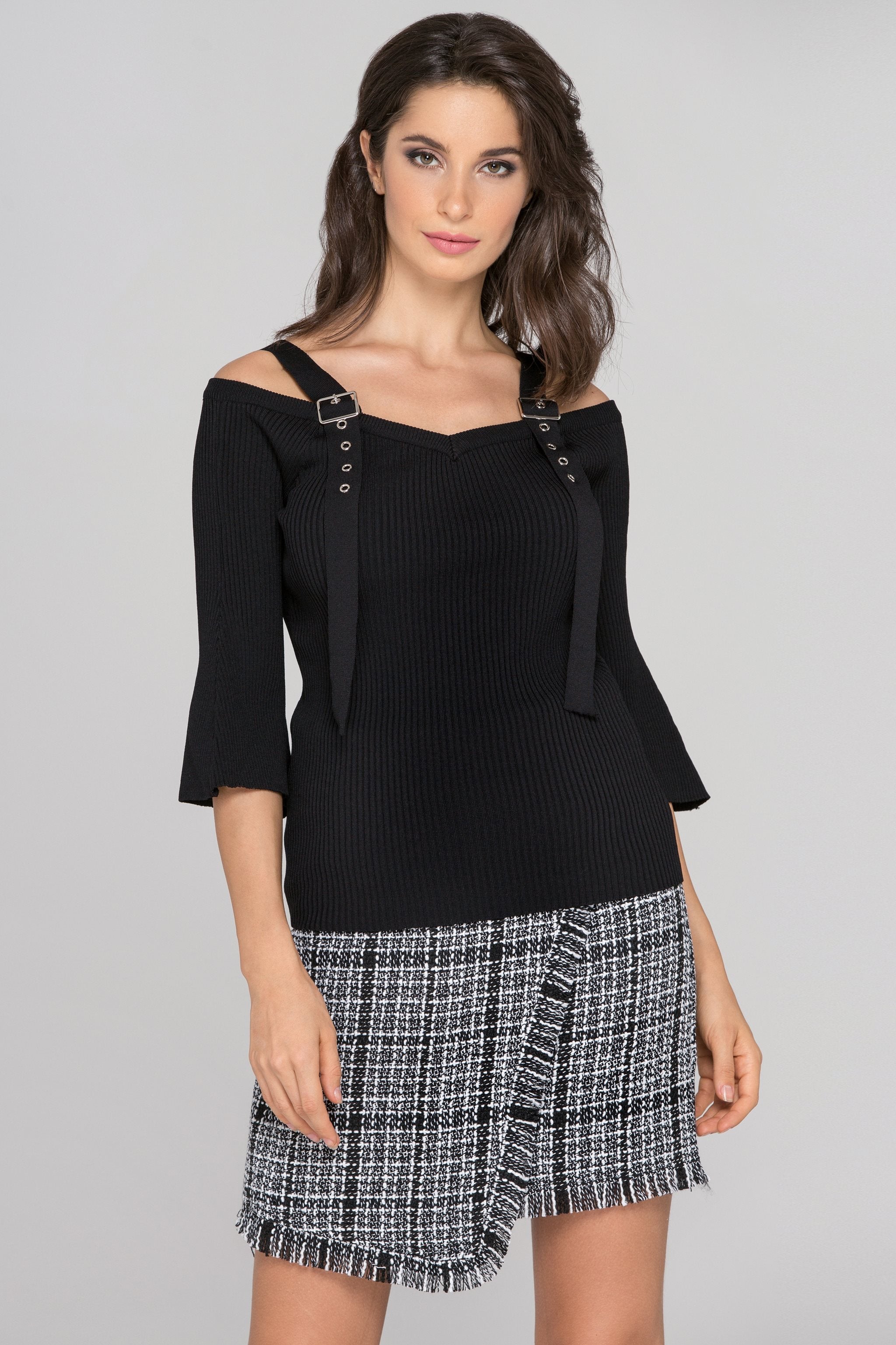 Black Knit Flare Sleeve Belt Strap Top - ownthelooks-Development