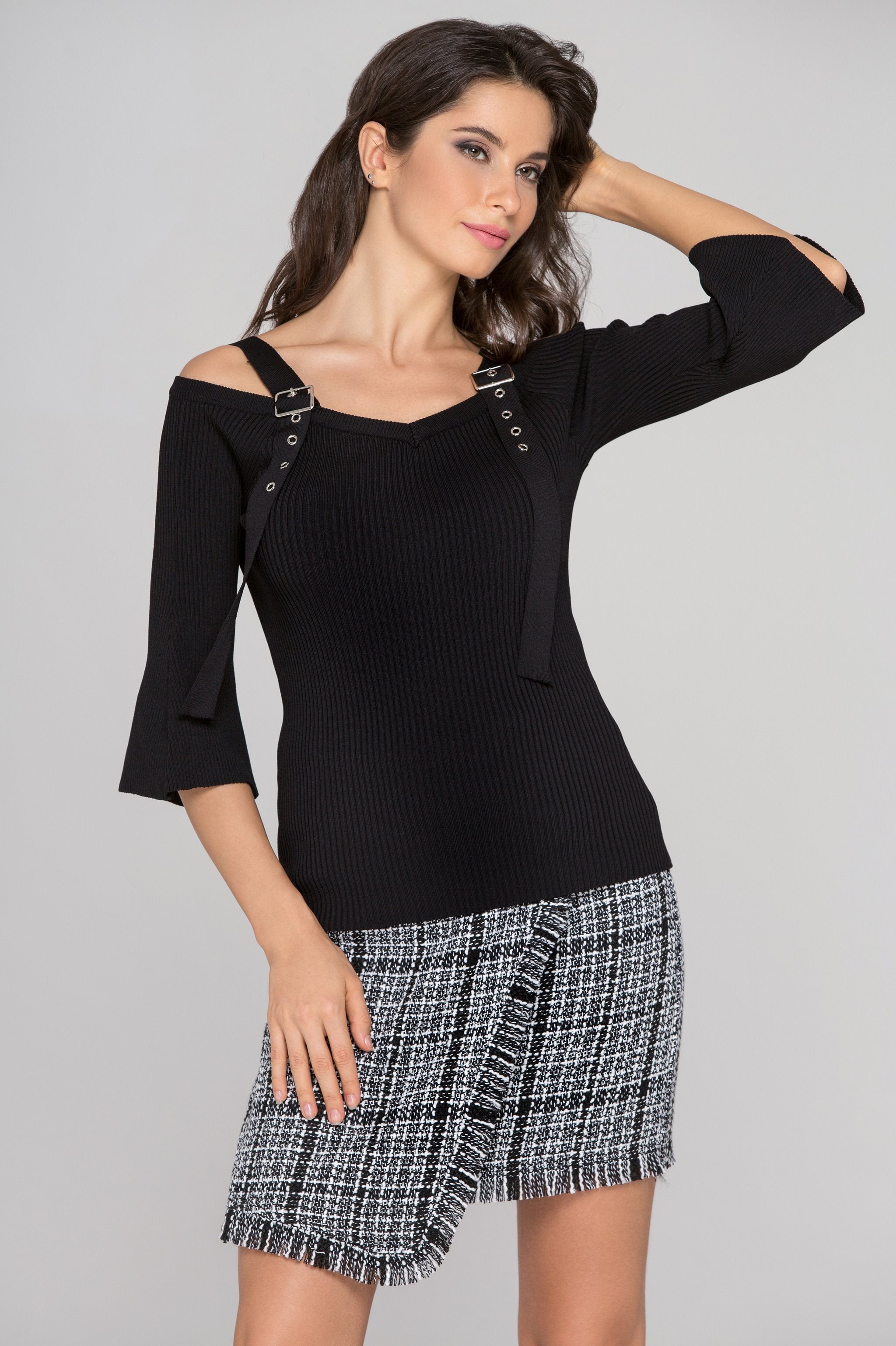 Black Knit Flare Sleeve Belt Strap Top - ownthelooks-Development
