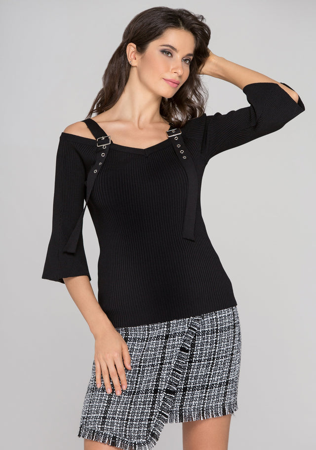 Black Knit Flare Sleeve Belt Strap Top - ownthelooks-Development