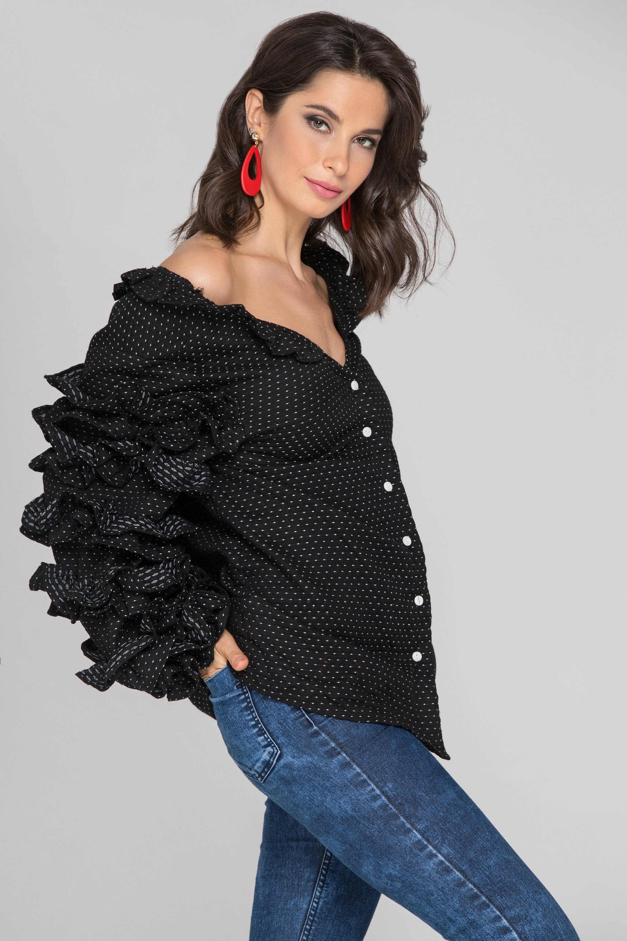 Black Ruffle Sleeve Cardigan - ownthelooks-Development