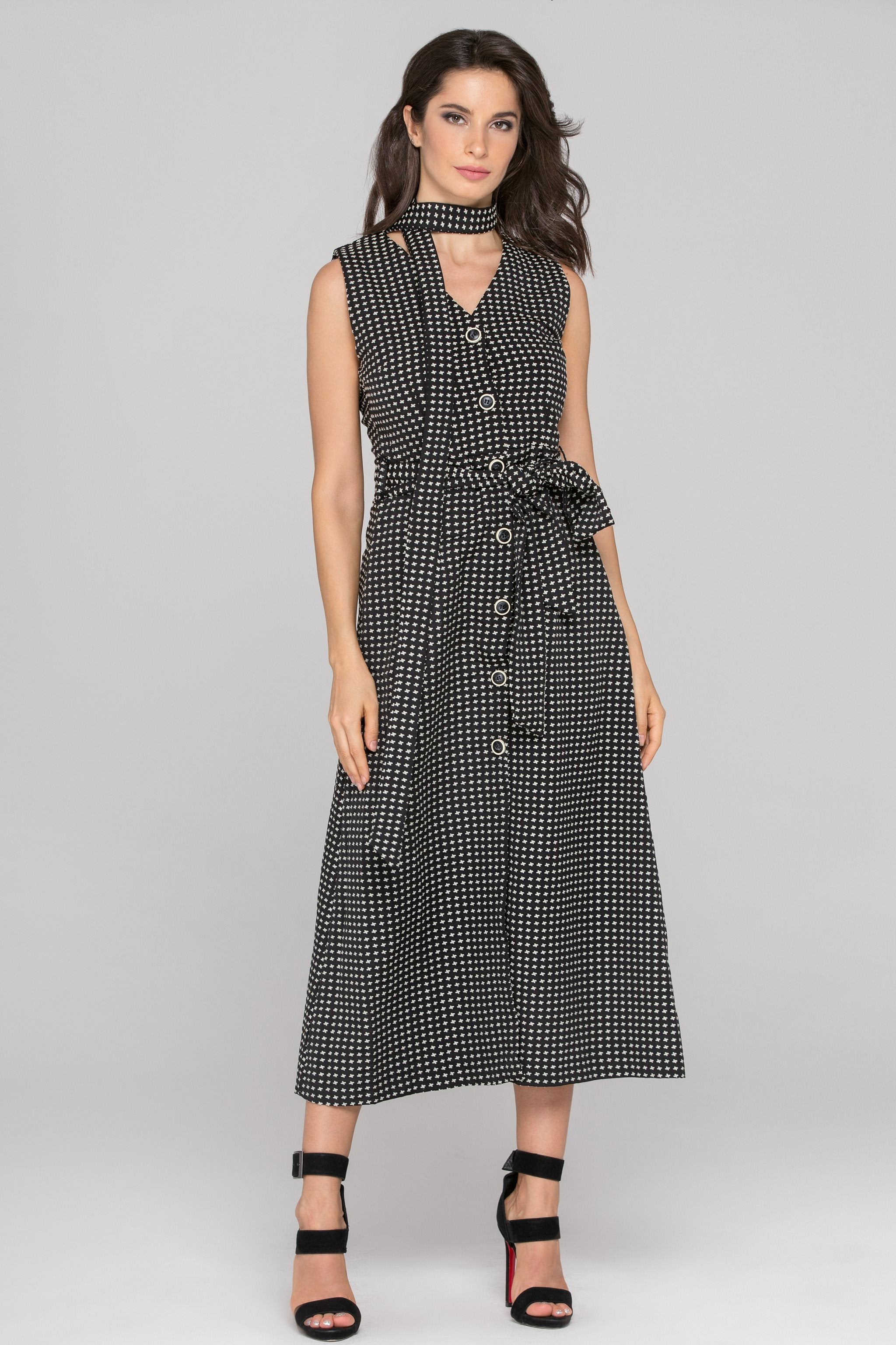 Black Sleeveless Reverse Houndstooth Button Up Midi Dress - ownthelooks-Development