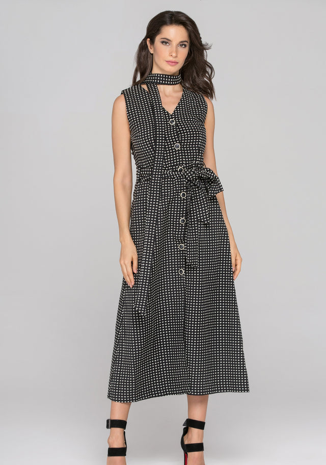 Black Sleeveless Reverse Houndstooth Button Up Midi Dress - ownthelooks-Development