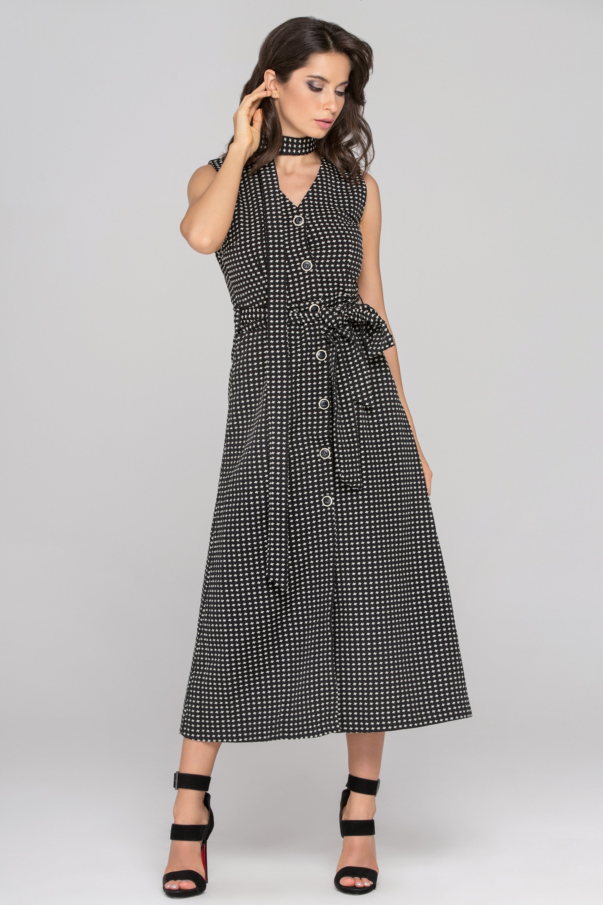 Black Sleeveless Reverse Houndstooth Button Up Midi Dress - ownthelooks-Development