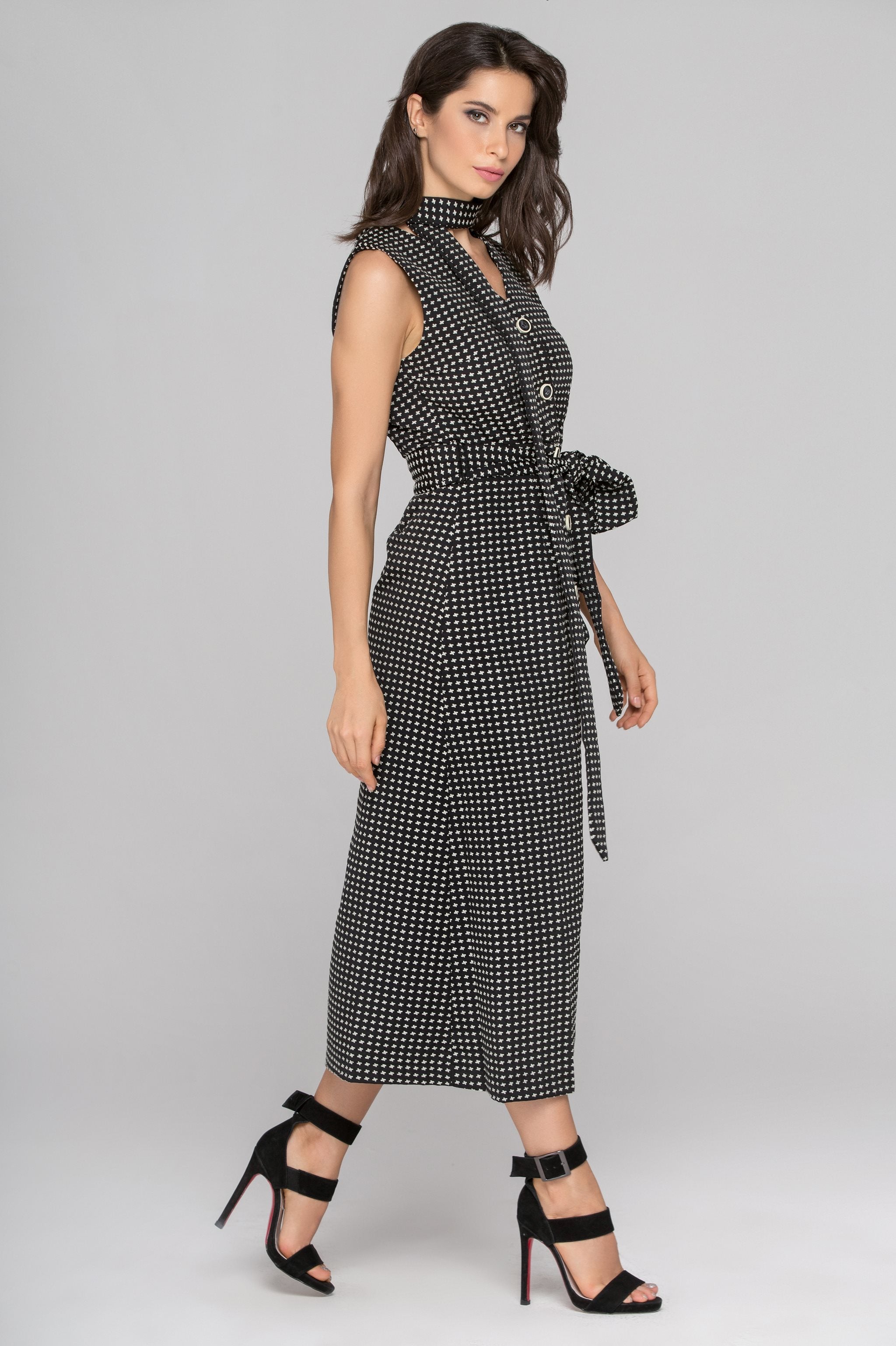 Black Sleeveless Reverse Houndstooth Button Up Midi Dress - ownthelooks-Development