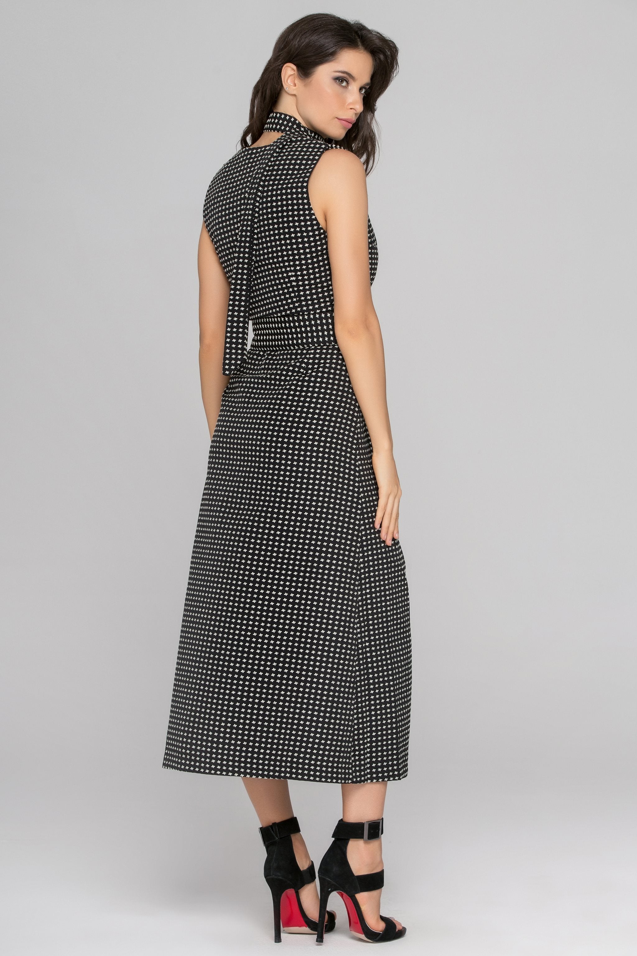 Black Sleeveless Reverse Houndstooth Button Up Midi Dress - ownthelooks-Development