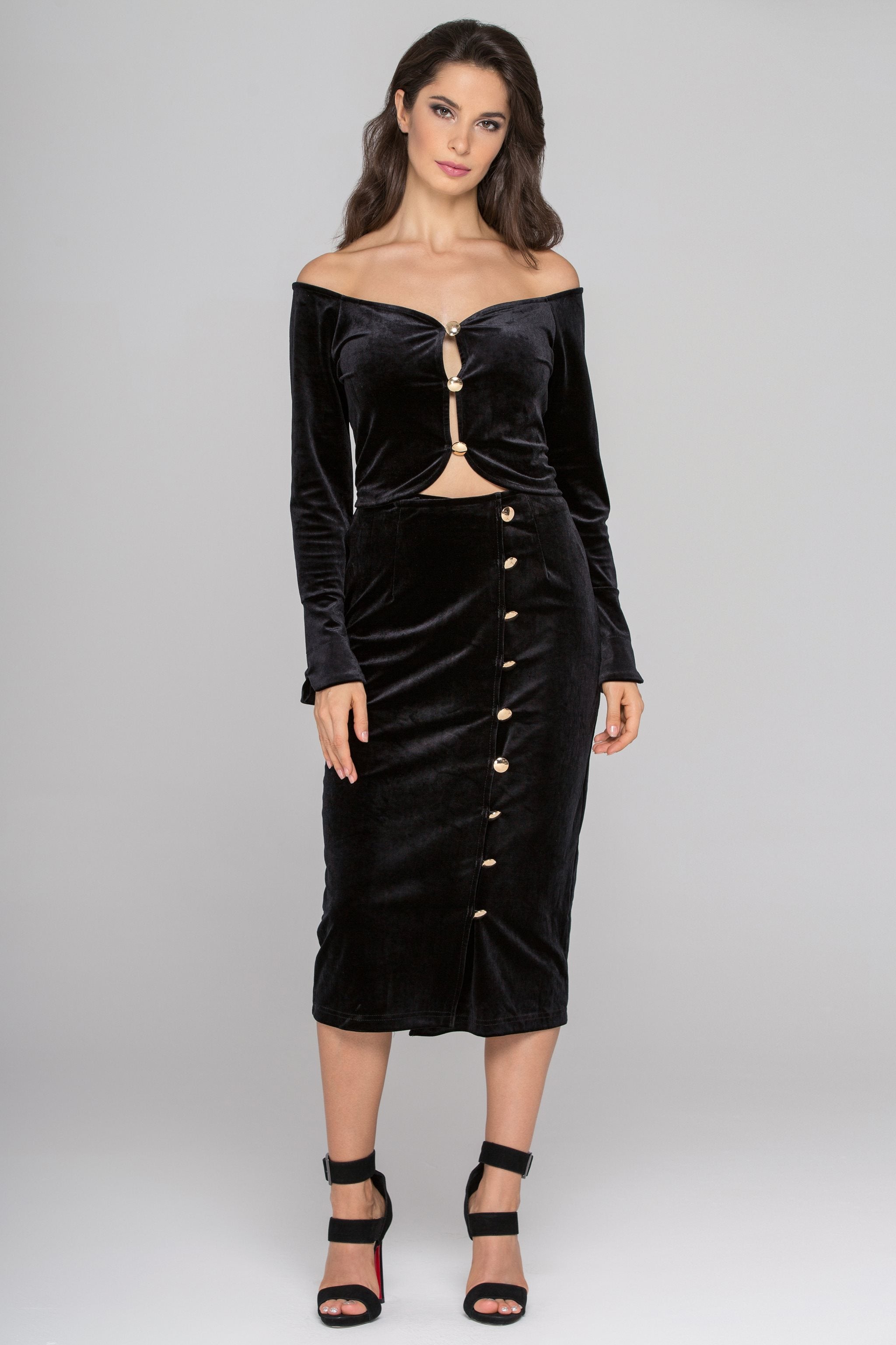 Black Velvet Flare Sleeves Two Piece Midi Dress - ownthelooks-Development