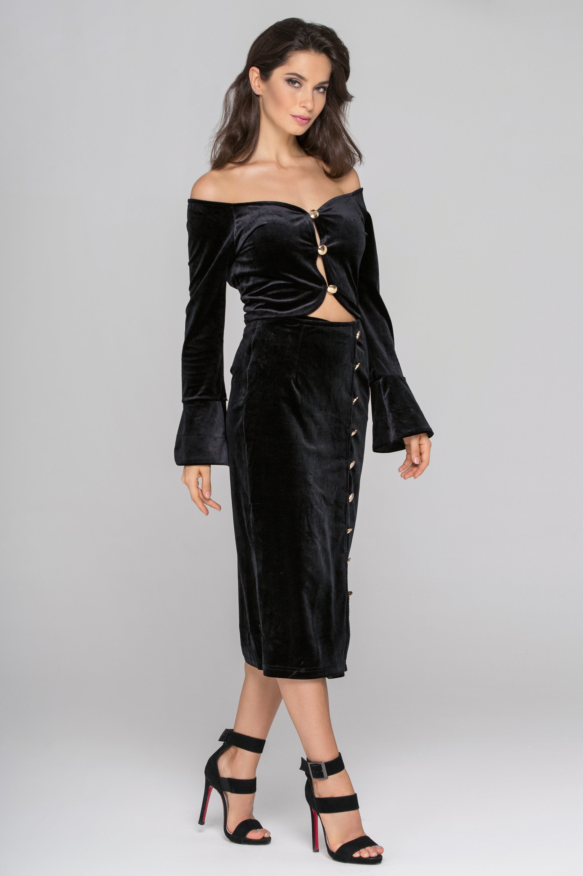 Black Velvet Flare Sleeves Two Piece Midi Dress - ownthelooks-Development