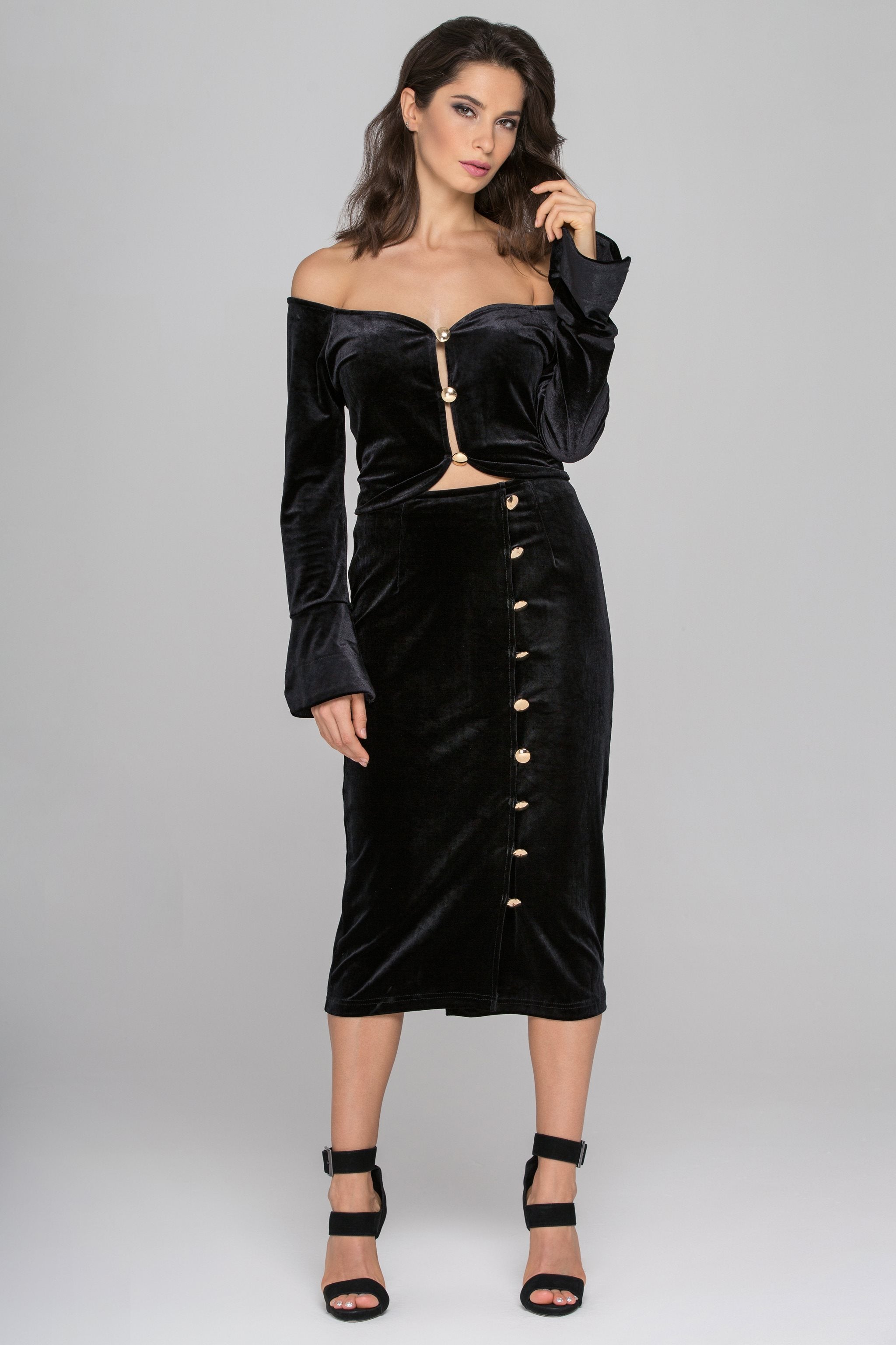 Black Velvet Flare Sleeves Two Piece Midi Dress - ownthelooks-Development