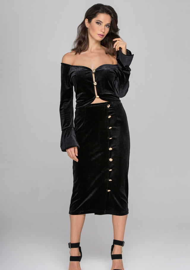 Black Velvet Flare Sleeves Two Piece Midi Dress - ownthelooks-Development
