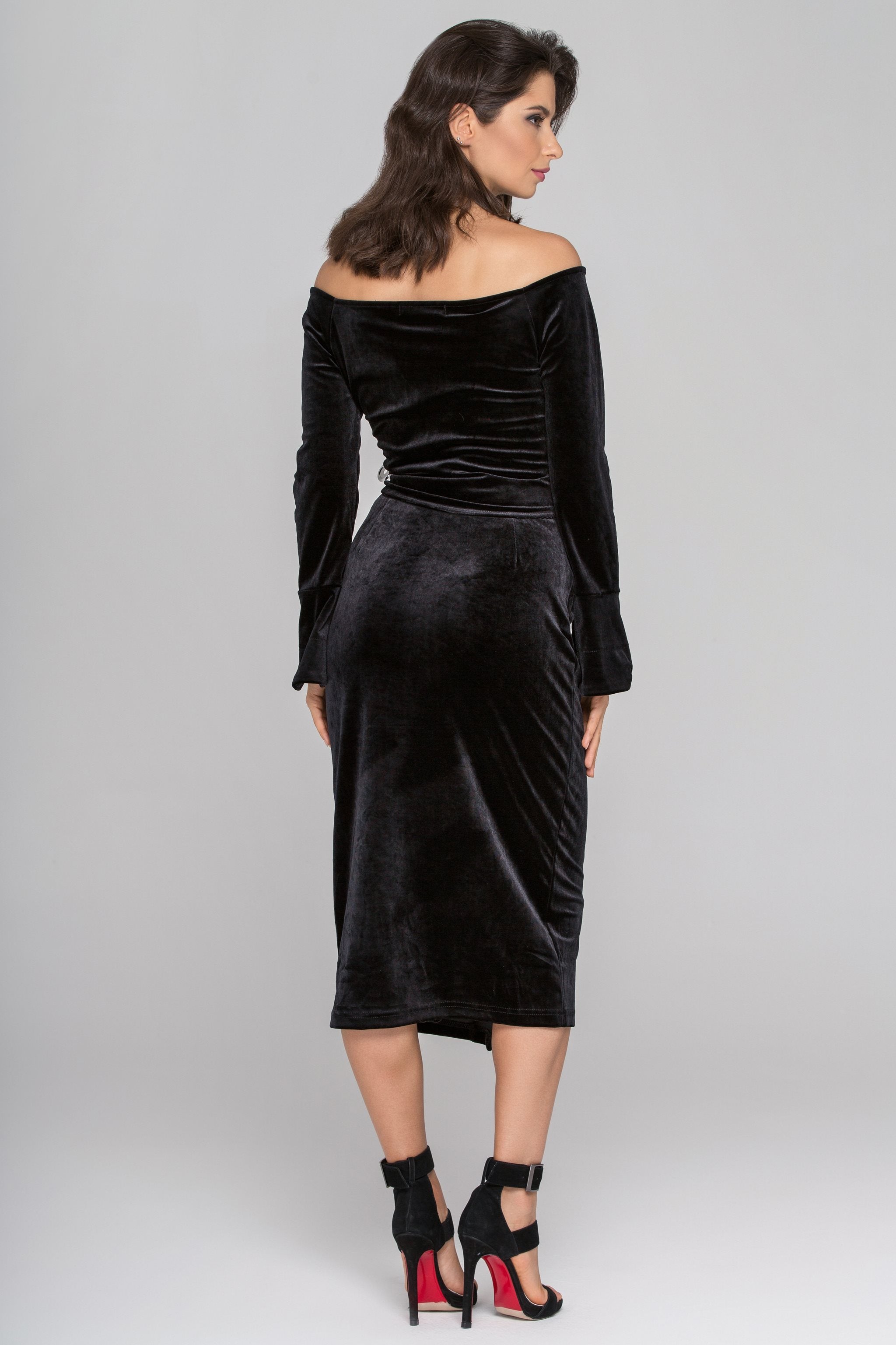 Black Velvet Flare Sleeves Two Piece Midi Dress - ownthelooks-Development