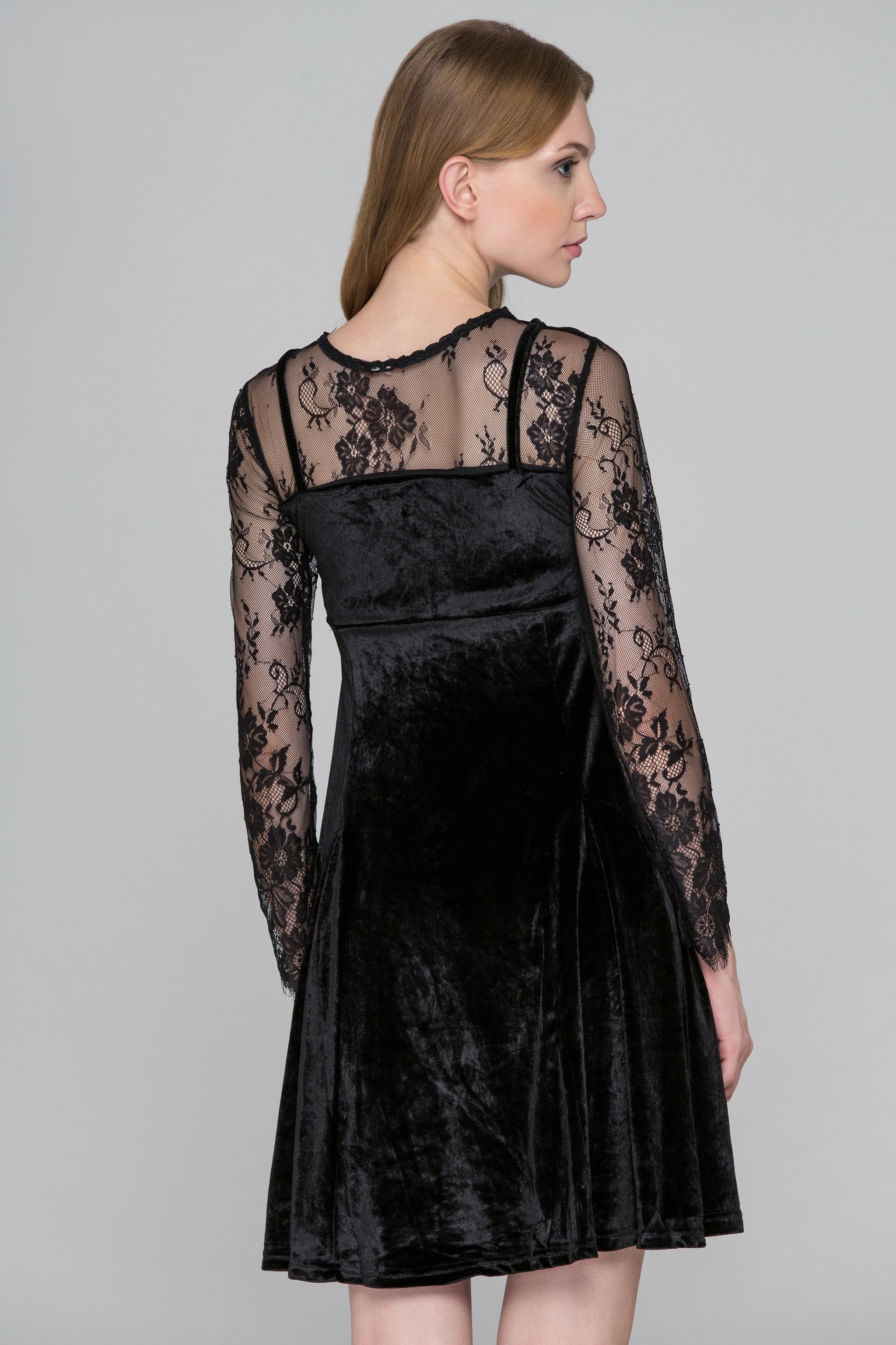 Black Velvet Lace Sleeves Mini Dress - ownthelooks-Development