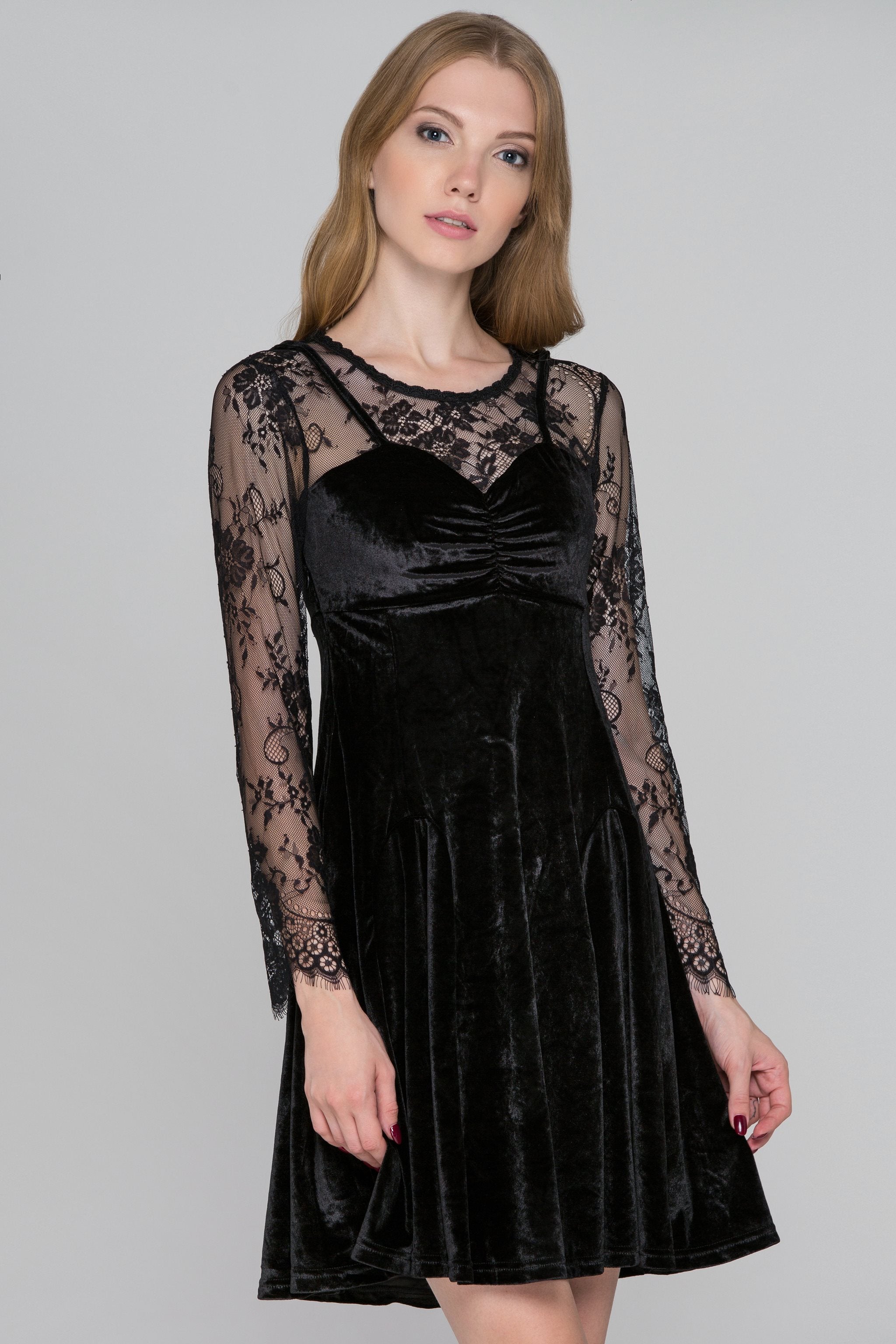 Black Velvet Lace Sleeves Mini Dress - ownthelooks-Development