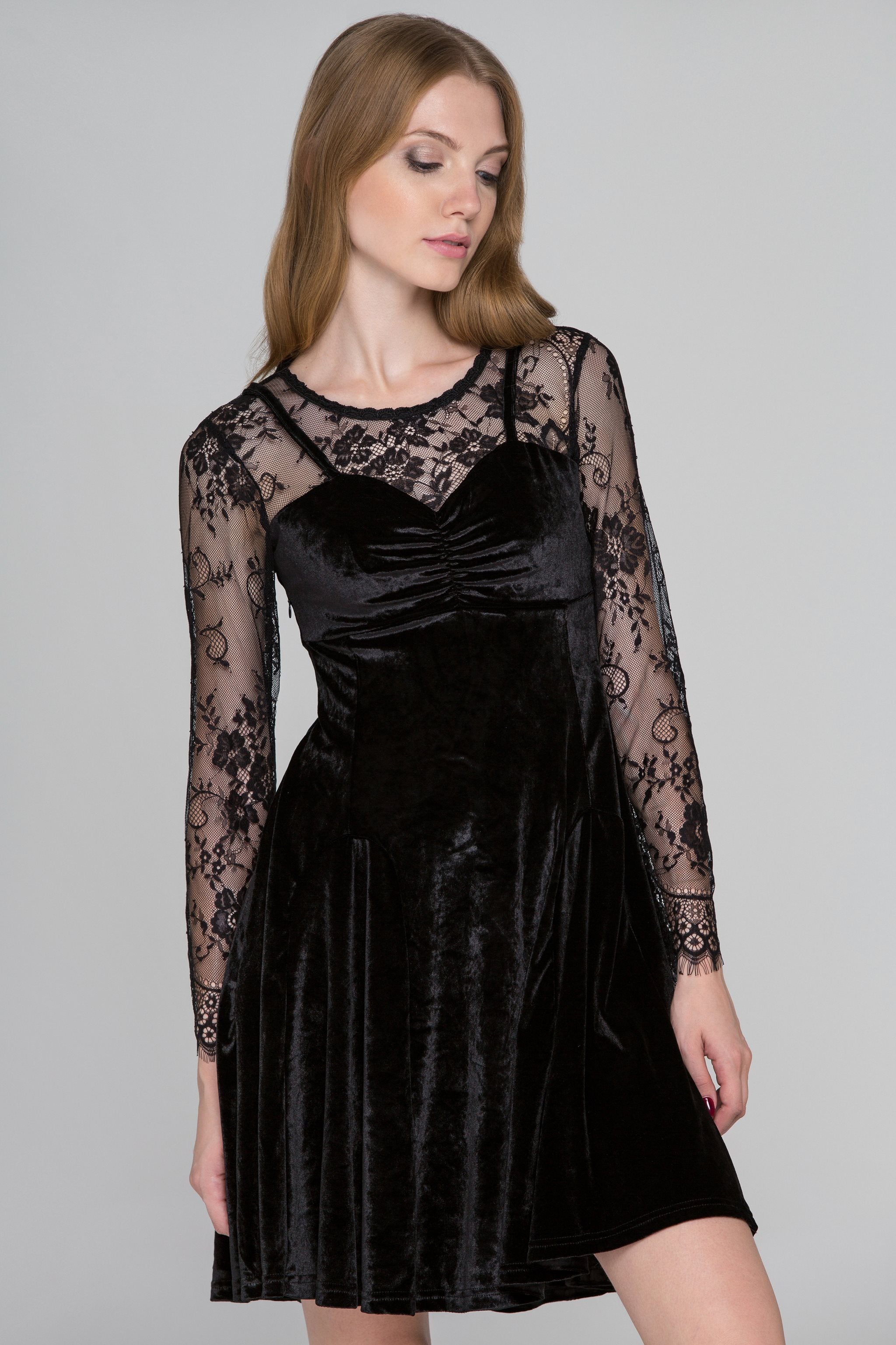 Black Velvet Lace Sleeves Mini Dress - ownthelooks-Development