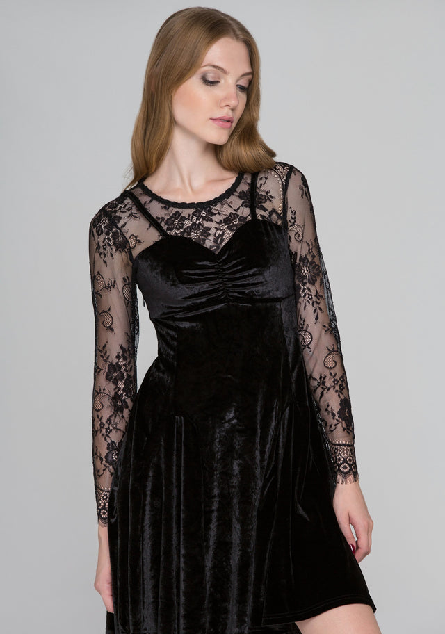Black Velvet Lace Sleeves Mini Dress - ownthelooks-Development