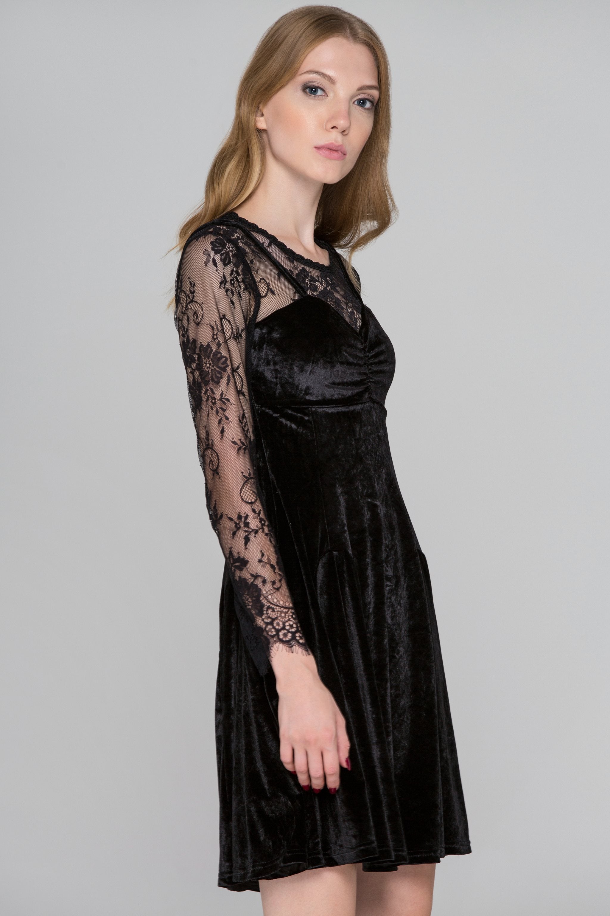 Black Velvet Lace Sleeves Mini Dress - ownthelooks-Development