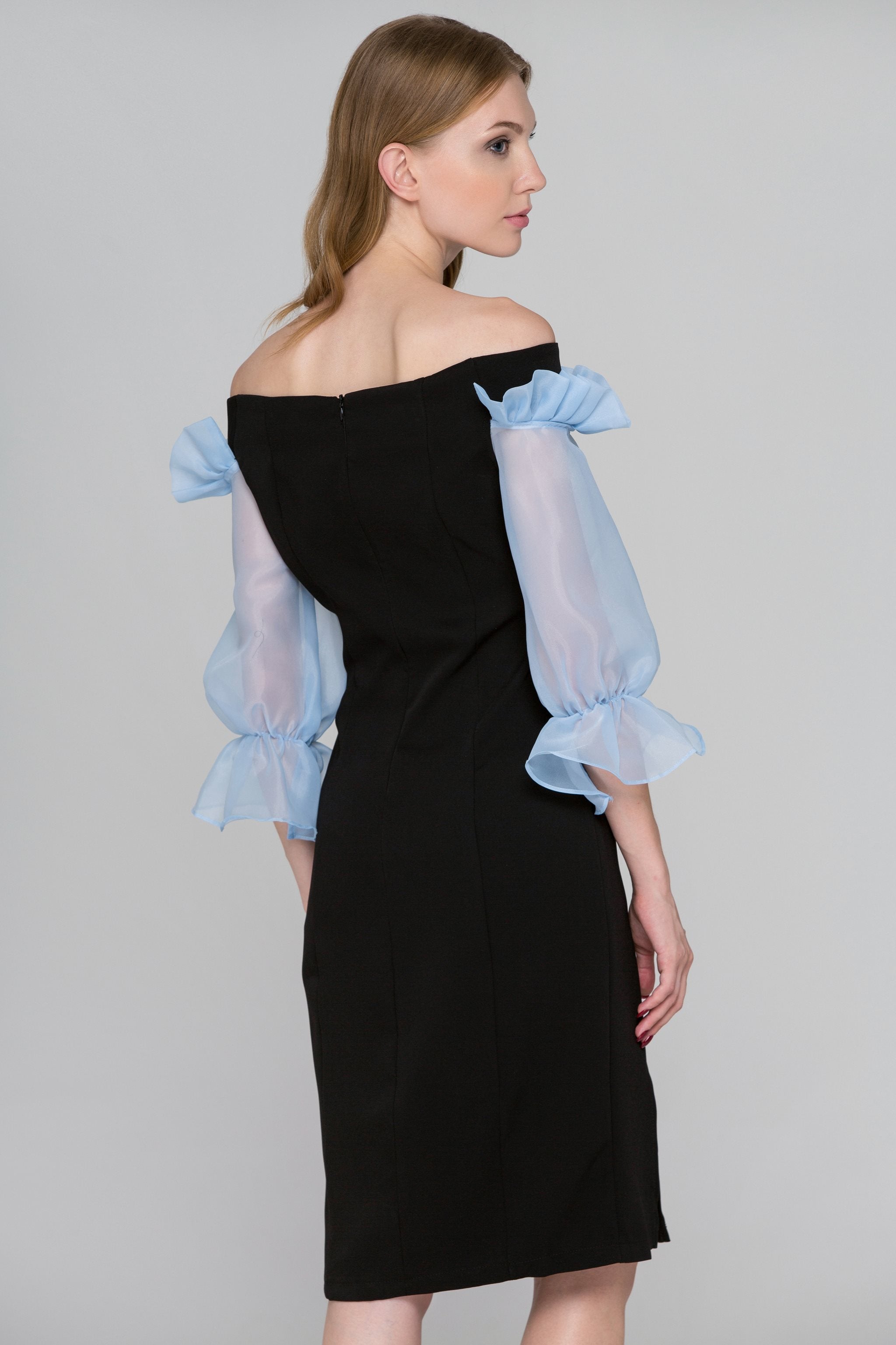 Black and Blue Sheer Ruffle Sleeve Midi Dress - ownthelooks-Development
