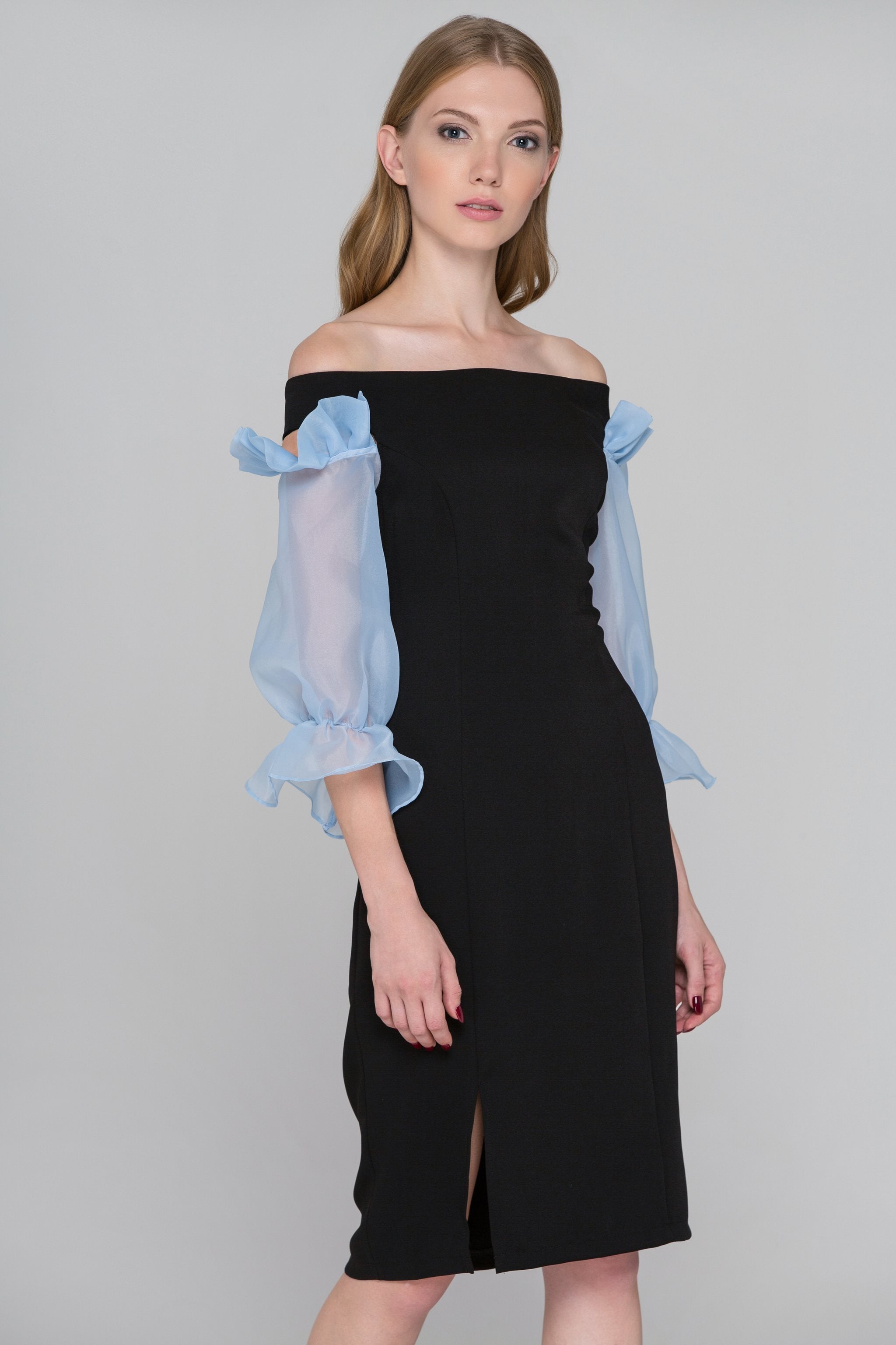 Black and Blue Sheer Ruffle Sleeve Midi Dress - ownthelooks-Development