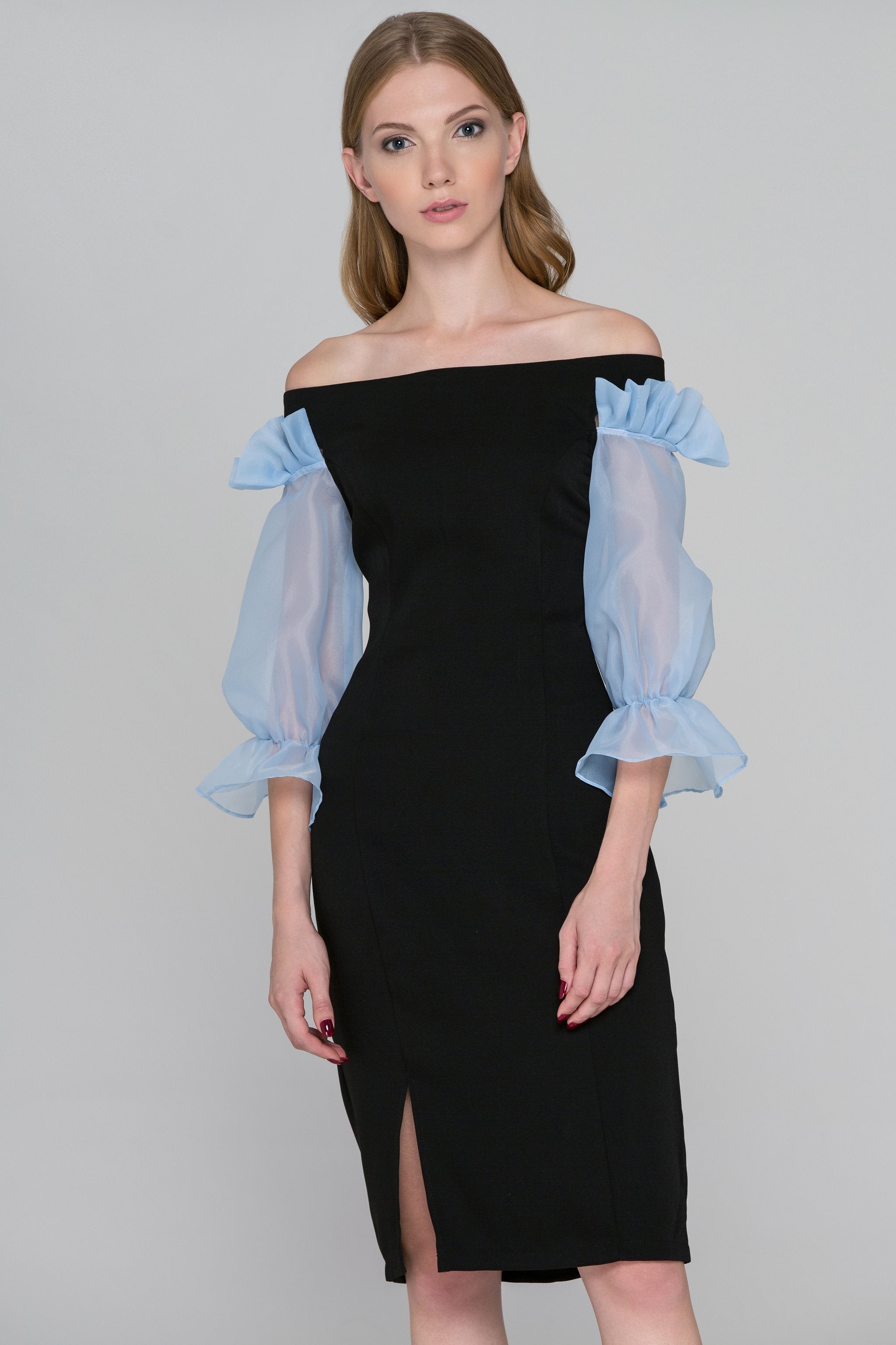 Black and Blue Sheer Ruffle Sleeve Midi Dress - ownthelooks-Development