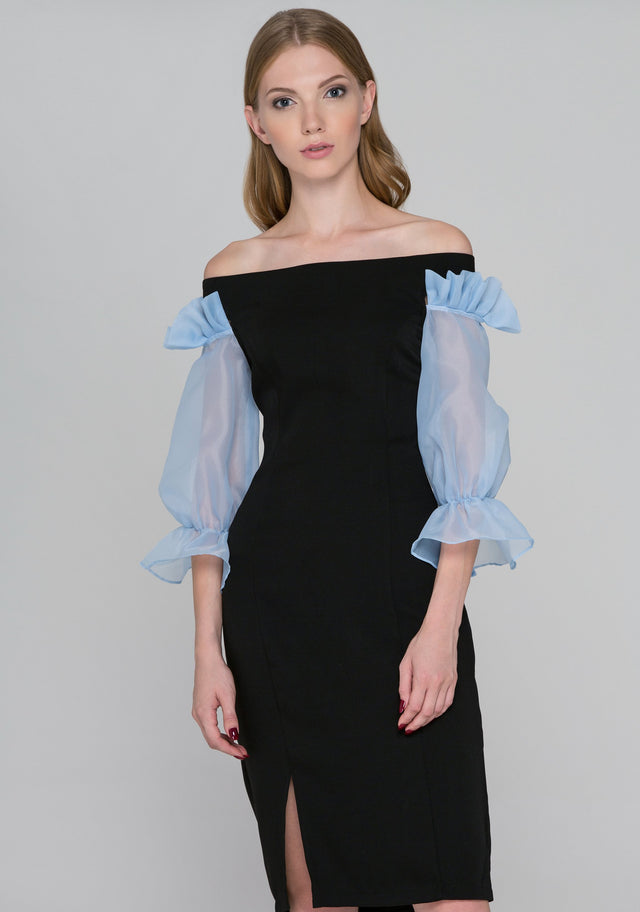 Black and Blue Sheer Ruffle Sleeve Midi Dress - ownthelooks-Development